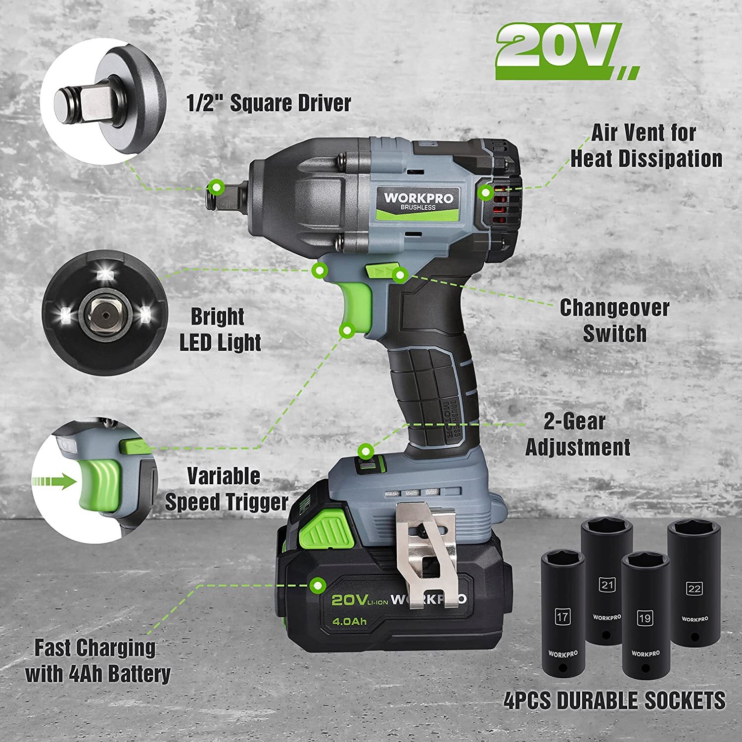 WORKPRO Cordless Impact Wrench 1/2 inch, 20V Brushless w/4.0 Ah Battery&Case NEW