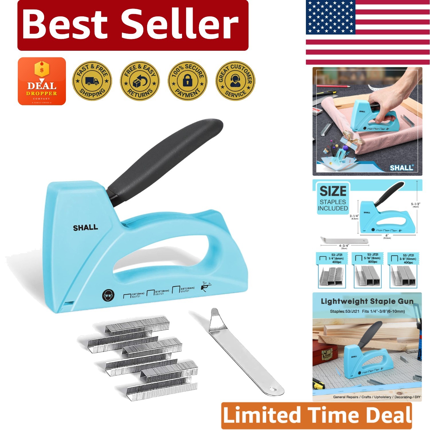 Compact Blue Upholstery Staple Gun with Easy Load 1600 Staples – Craft Ready