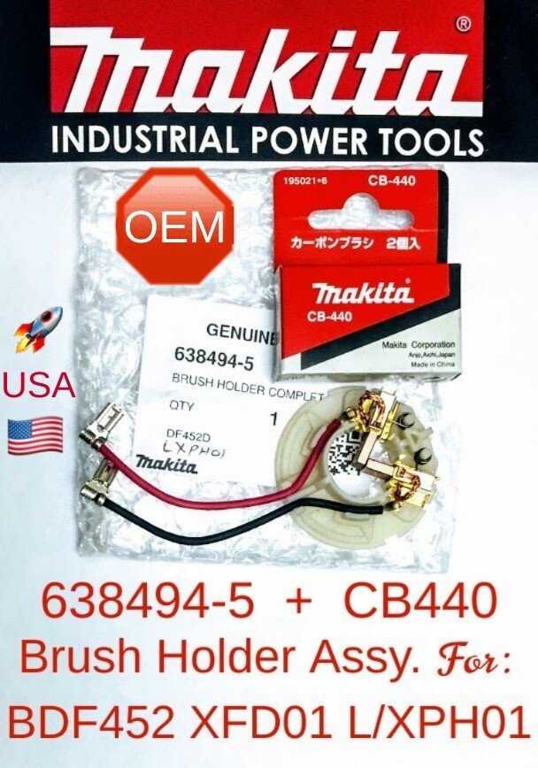 MAKITA 638494-5 OEM Brush Holder + CB440 C/Brushes for BHP452 LXFD01 XPH01 XFD01