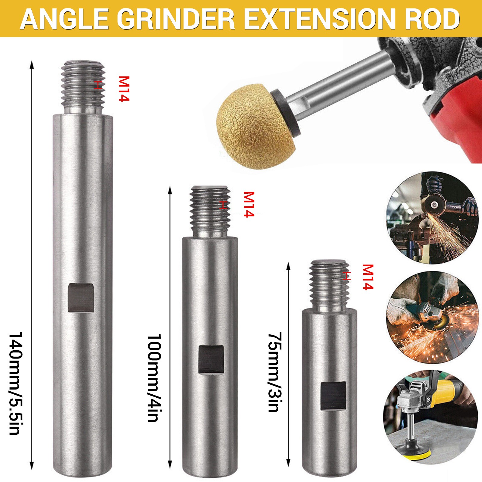 3Pcs Angle Grinder Adapter Rod Kit Extension Rod M14 Adapter Rod Polishing Tool