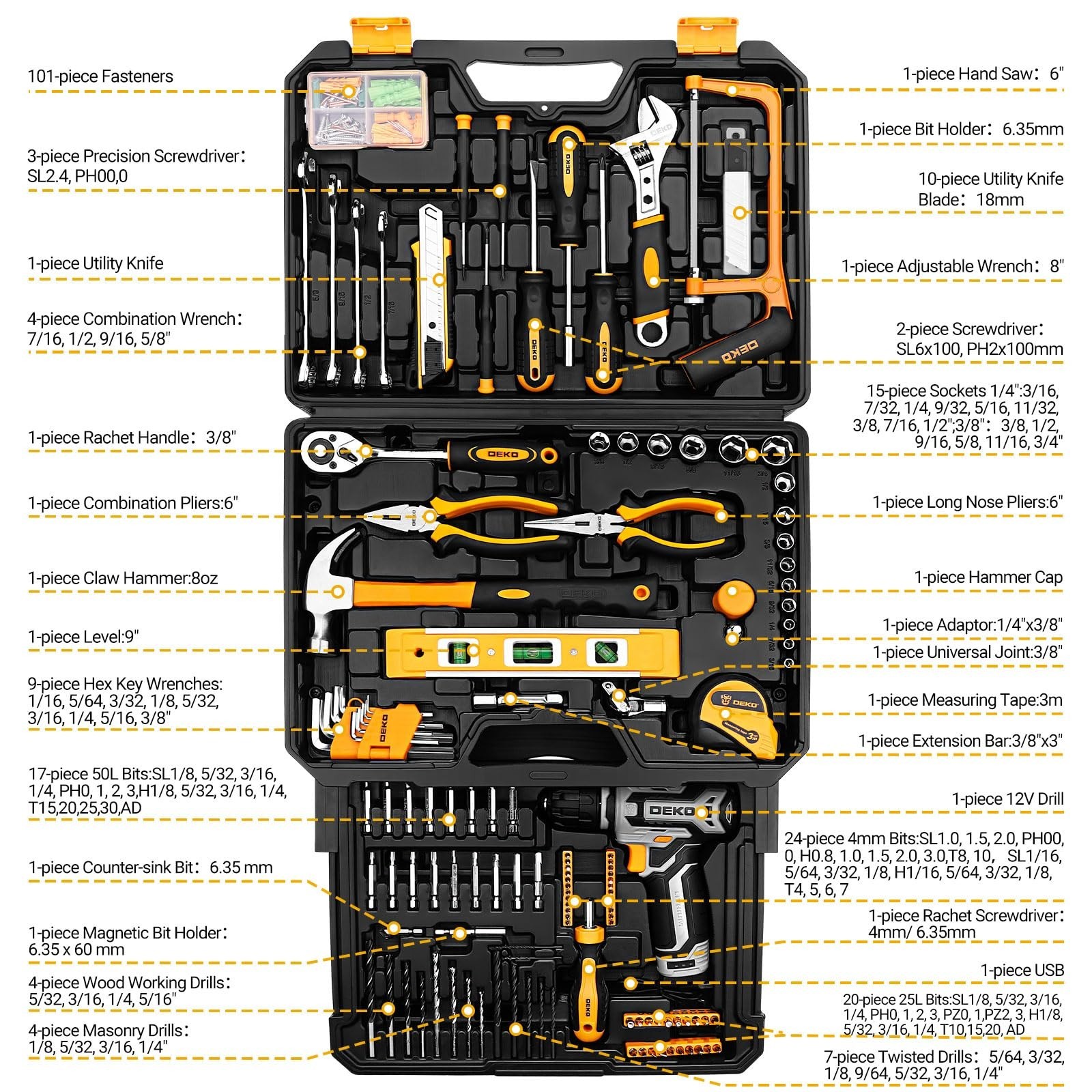 Home Mechanic Tool Kit Box with 12V Cordless Drill & Repair Tools Set Organizer