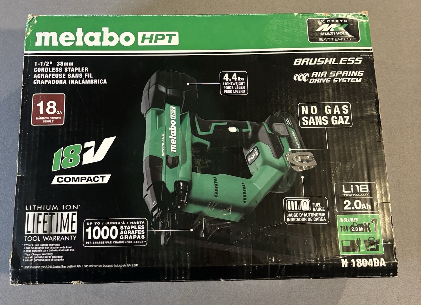 Metabo HPT N1804DA 18V Cordless 18GA Narrow Crown Stapler Battery Kit. New/Open
