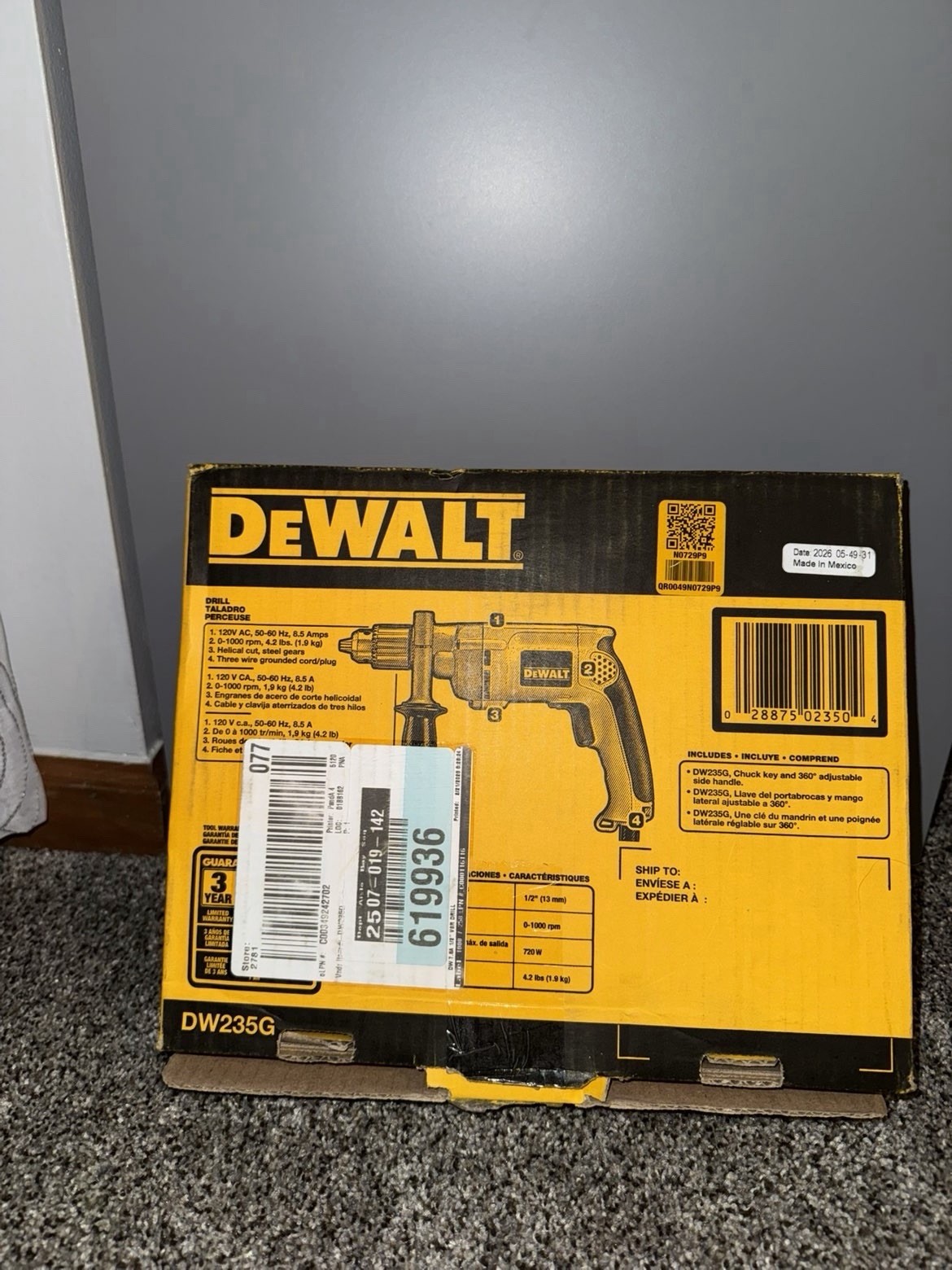 DEWALT DW235G 1/2&Prime; Variable Speed Corded Drill Yellow New With Box