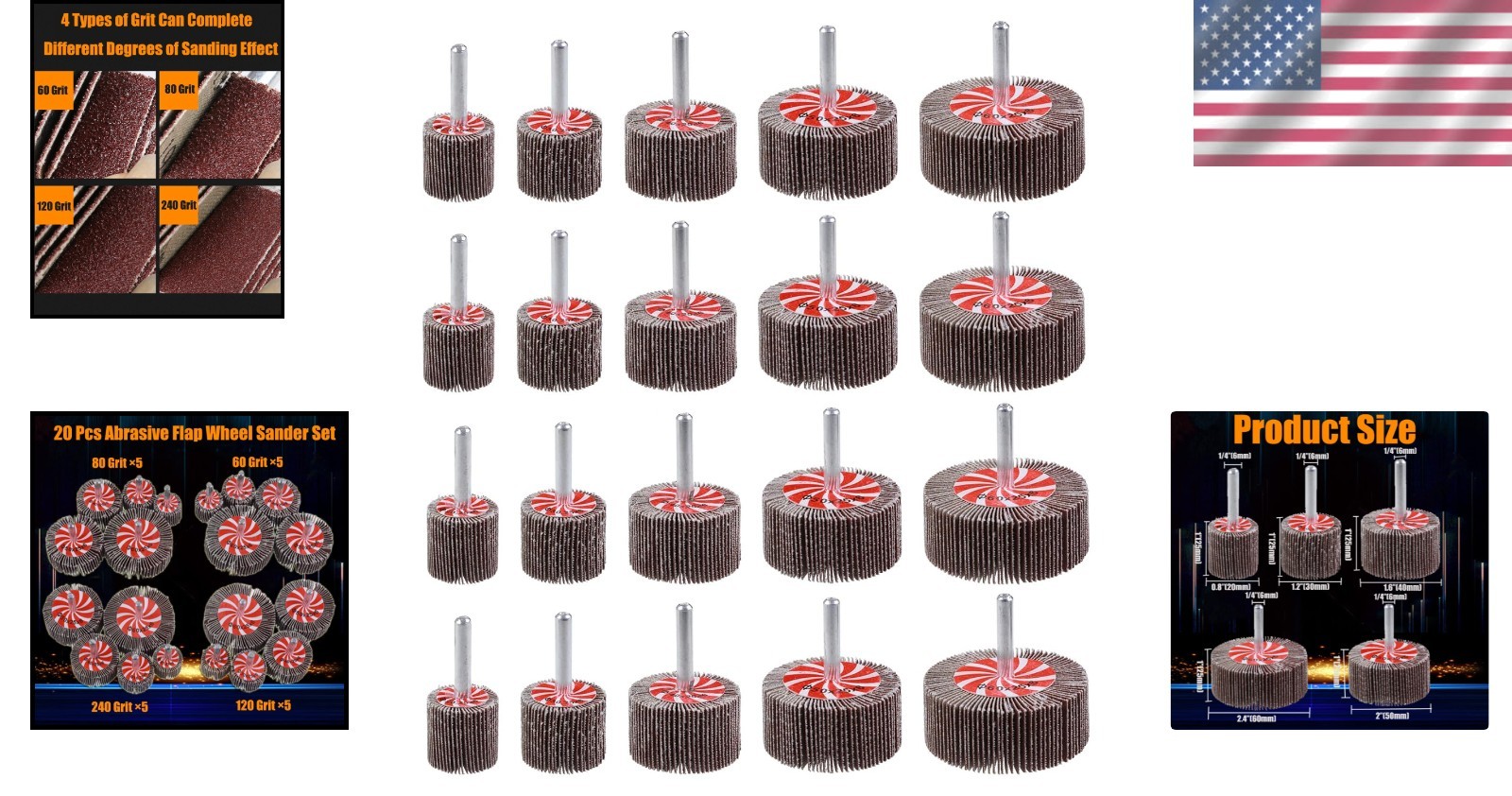 Abrasive Flap Wheel Sander Set 20pcs 5 Sizes 60/80/120/240 Grits for Drill