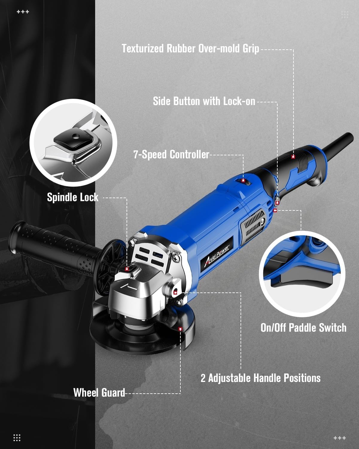 4-1/2 Inch 1000W Angle Grinder with Adjustable 7 Speeds & Safety Guard