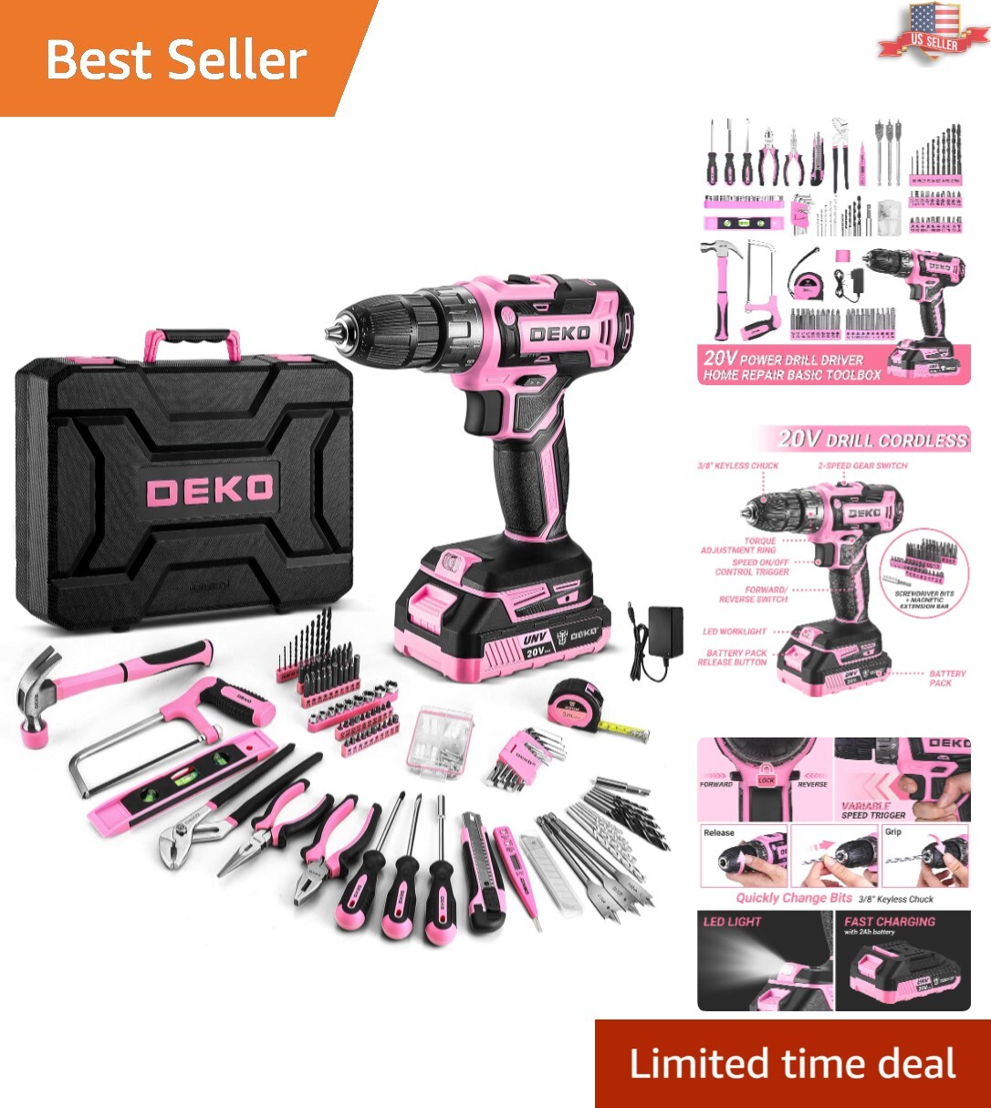 Lightweight 20V Pink Power Drill and Complete 186pc Toolkit in Compact Case