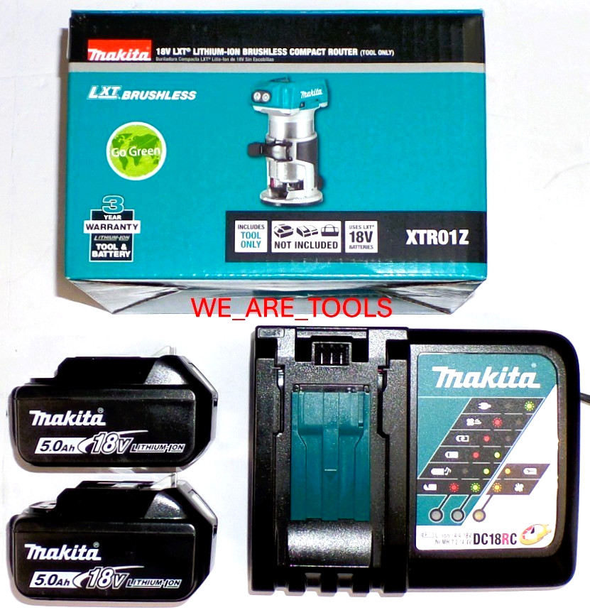 Makita Kit XTR01Z 18V Variable Compact Router, 2) BL1850B 5.0 Battery, Charger