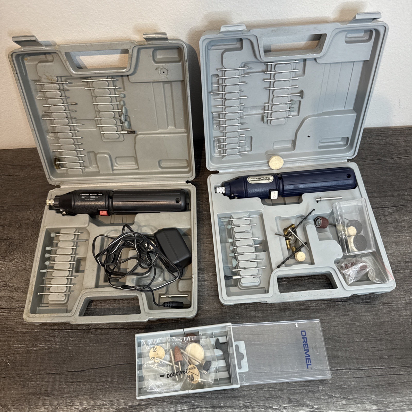 Lot 2 Rotary Tools Roto-Matic + Cordless w/ Accessories 1 Adapter Tested Working