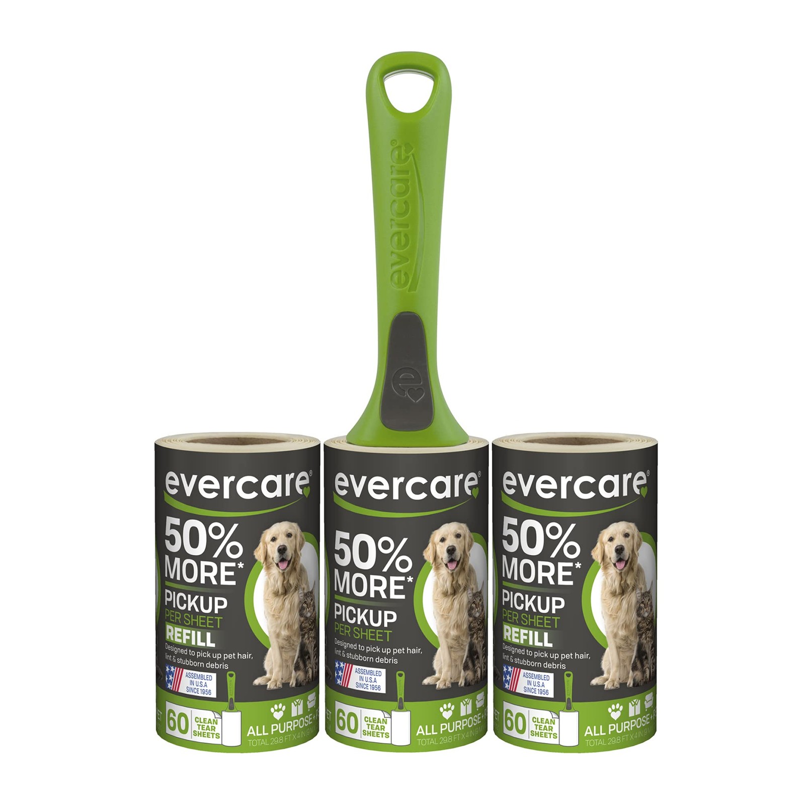Evercare All Purpose Pet Hair Lint Roller with 2 Refills, Roller, Green