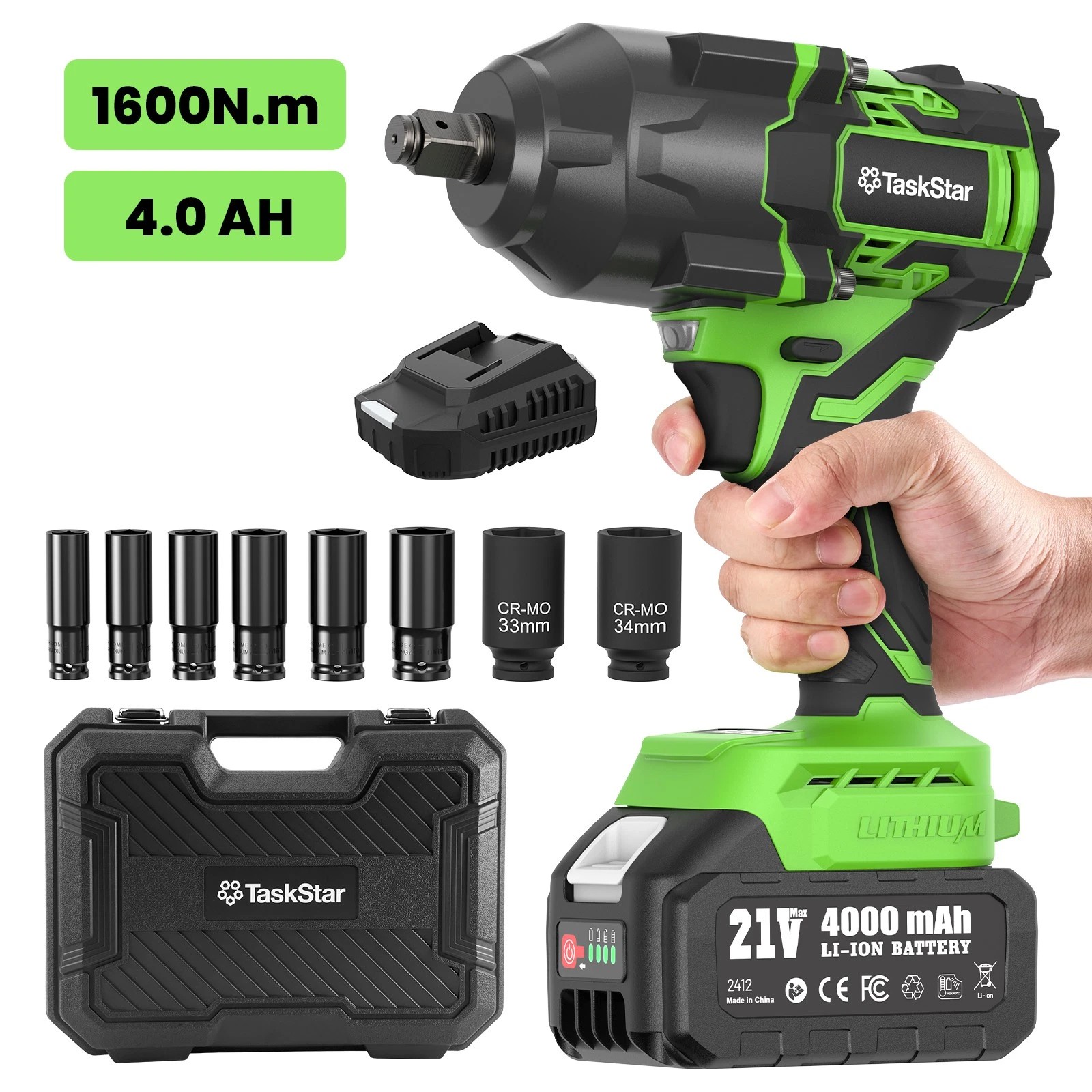 TaskStar Cordless Impact Wrench 1/2&Prime; 1180 Ft-lbs 1600 Nm 4000mah 8 Impact Socks