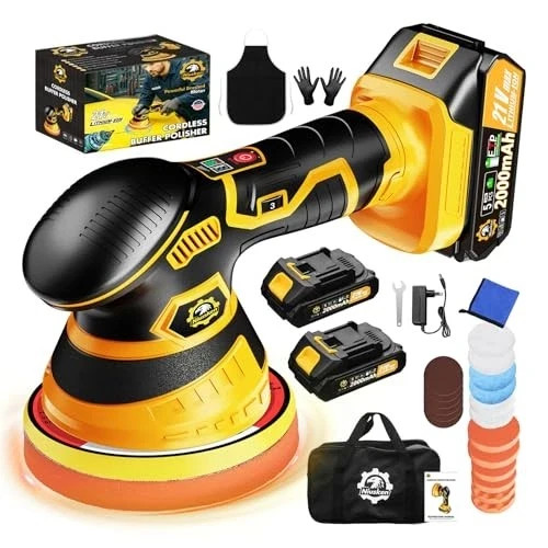 Cordless Car Buffer Polisher kit [2x 2000mAh 21V Batteries & 18 PCS Attachments]