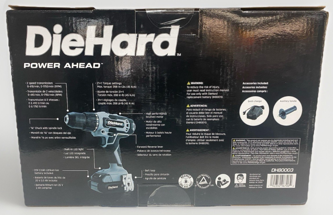 DIEHARD DH80003 Power Ahead 20 Volt 1/2&Prime; Drill/Driver W 2.0Ah Battery & Charger