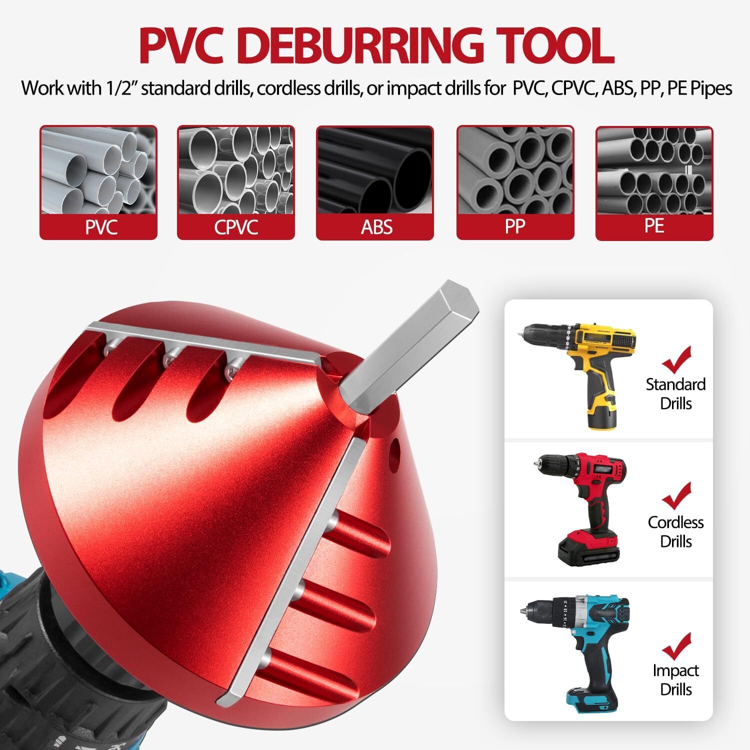 PVC Deburring Tool 2 In 1 for 0.75&Prime; to 3.89&Prime; CPVC ABS PP PE Pipe Chamfer Reamer