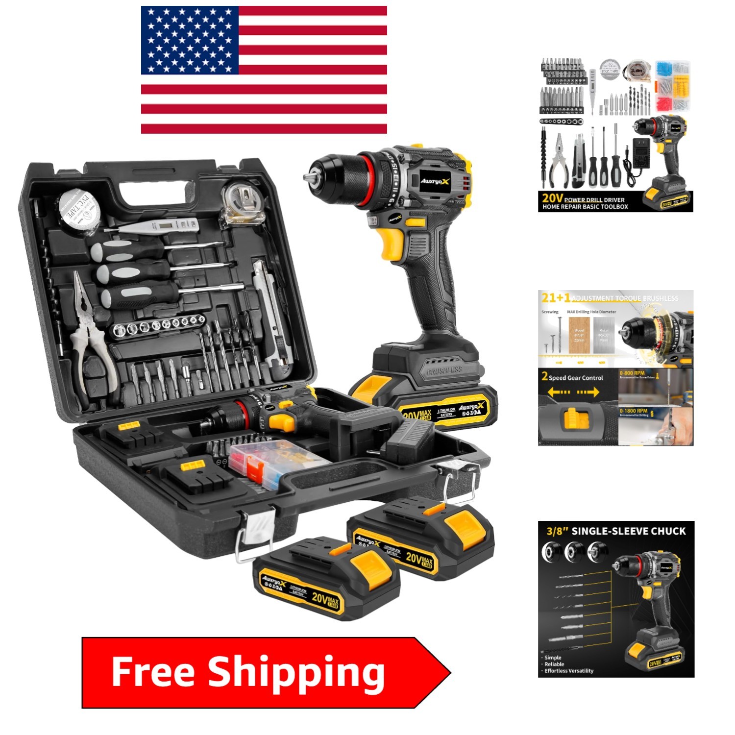 High Torque 60Nm Compact Drill Set – 2 Lithium Batteries & 135 Tools Included
