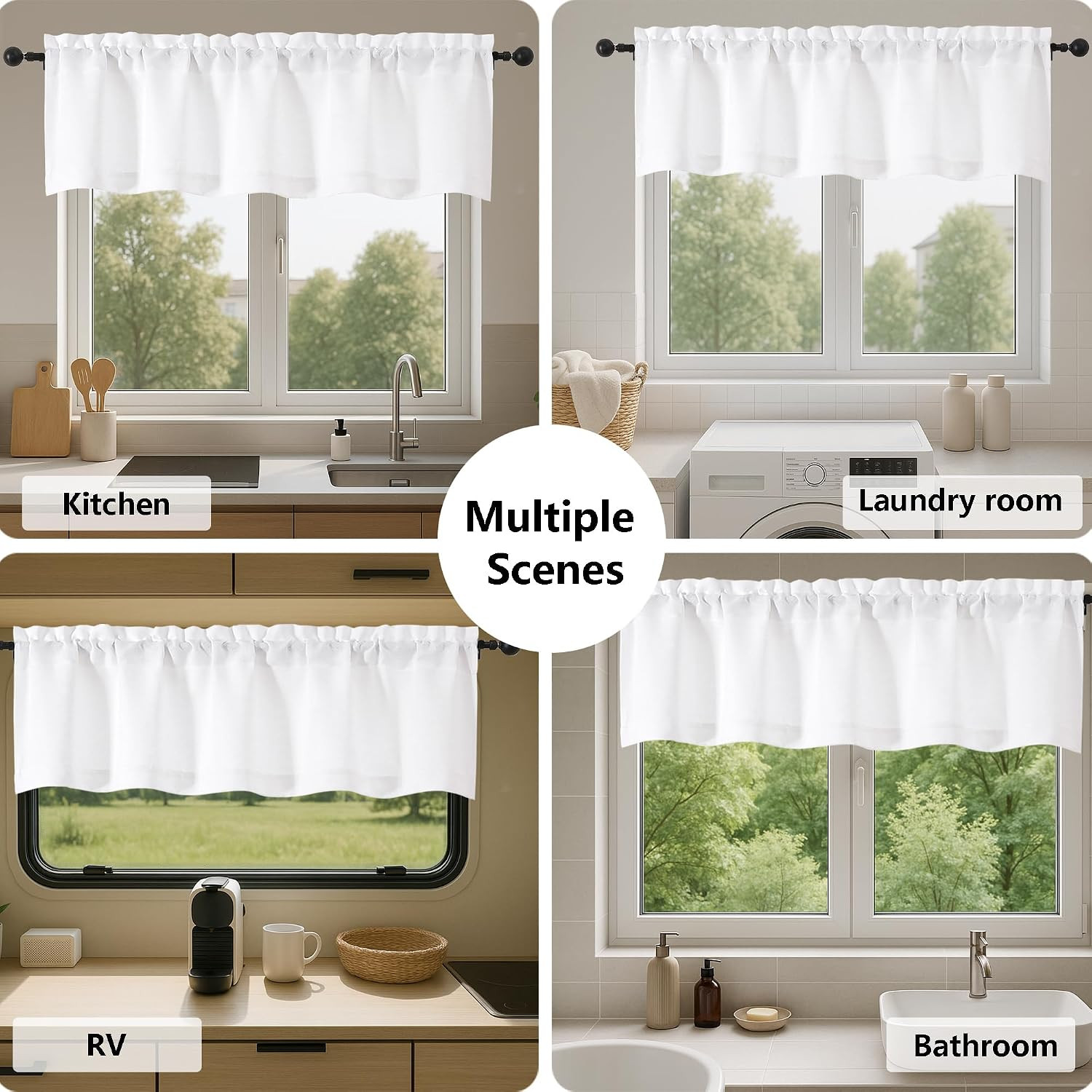 White Kitchen Valance for Windows 14 Inches Long, Light Filtering Short Curtain