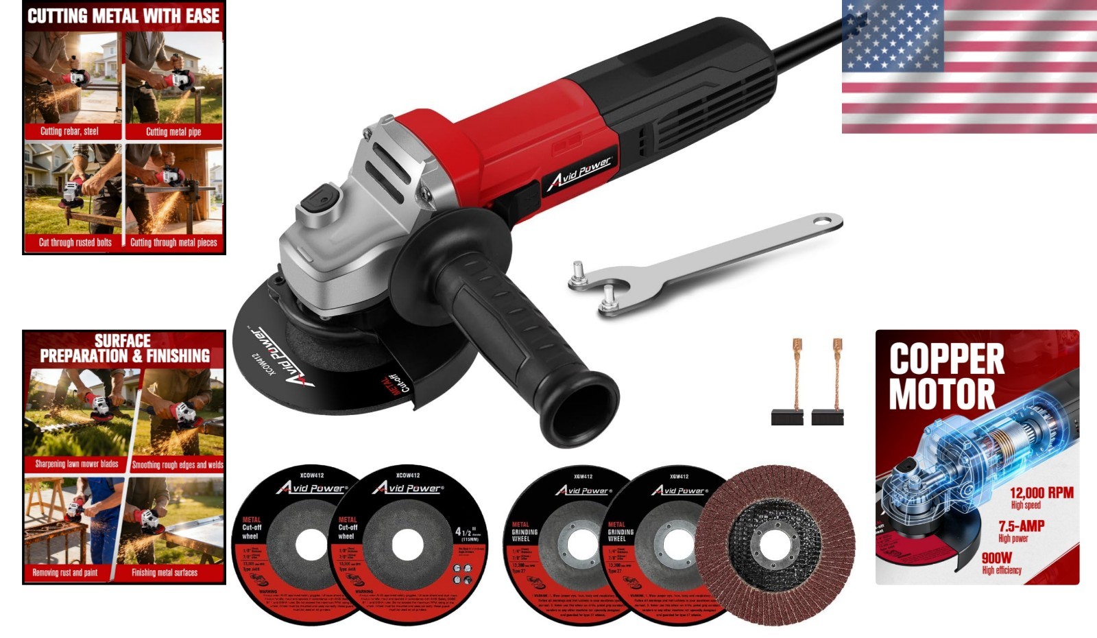 Powerful 900W Electric Angle Grinder 4-1/2 inch with Safety Guard & Accessories