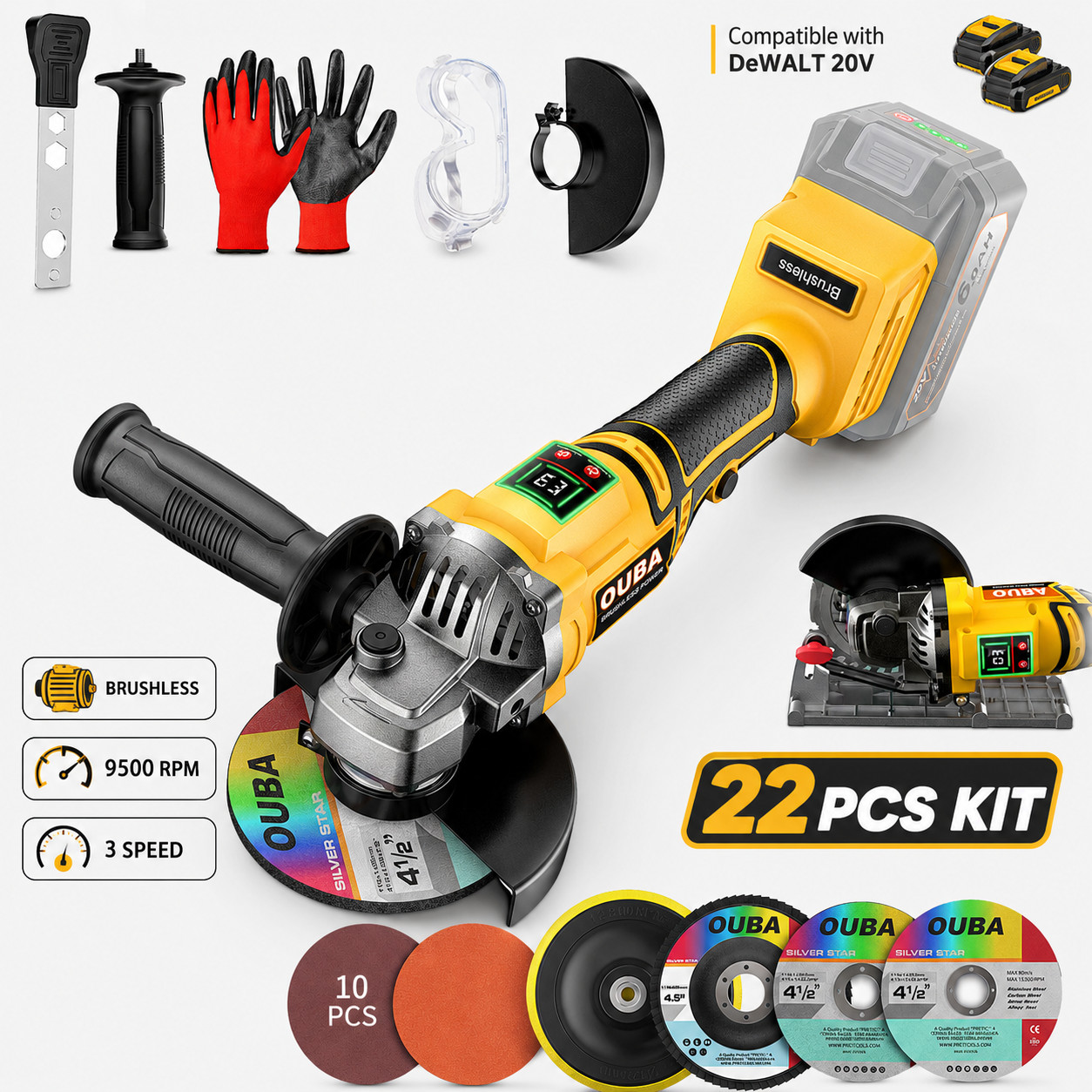 Cordless Angle Grinder For Dewalt 20V MAX 4-1/2&Prime;5&Prime; Brushless 22PCS Accessory Kit