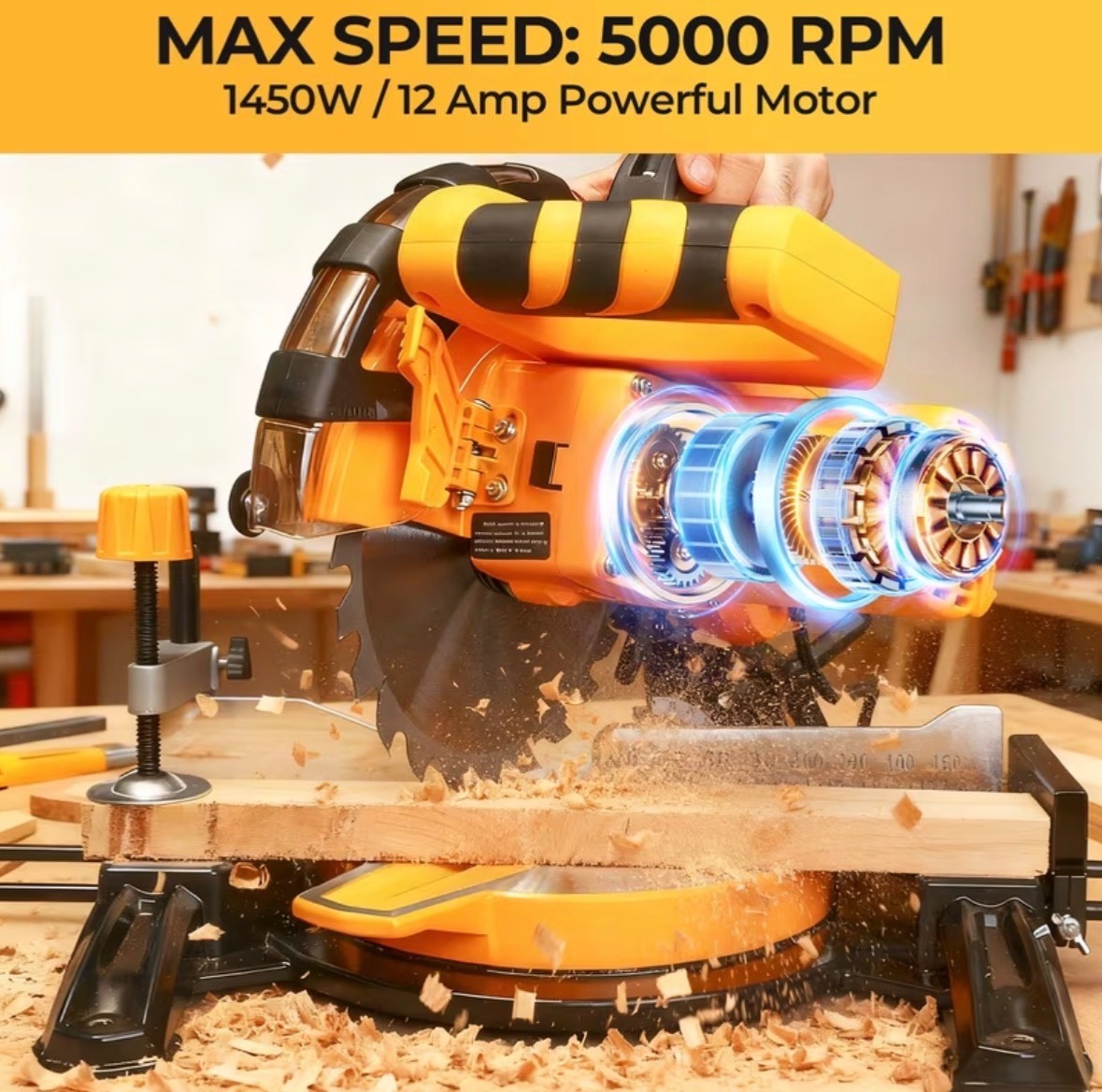 Corded Miter Saw w/ Ring Spanner,210mm Blade,5000 RPM,12A/1450W,0-45° Single-Bev