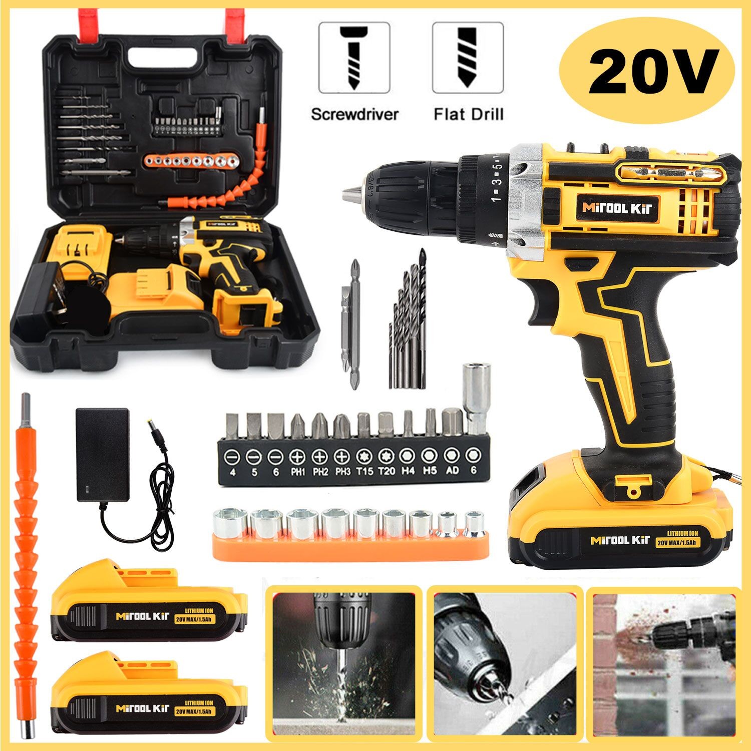 20V Cordless Drill 2 Battery Combi Driver High Power Electric Screwdriver Set