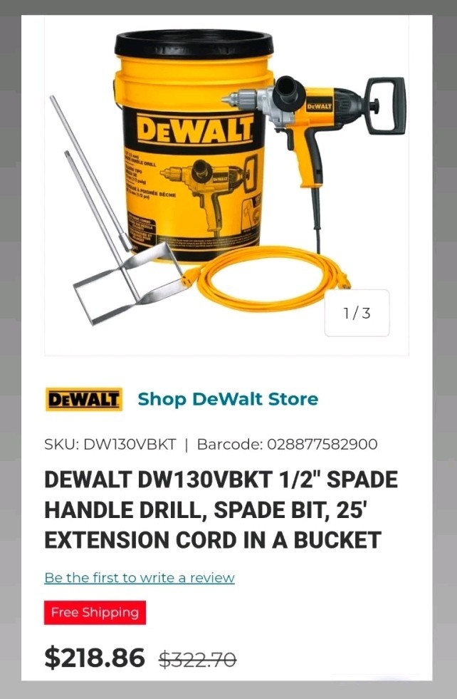DEWALT DW130VBKT Spade Handle Drill 1/2in Keyed Chuck 110V w/ 25ft Cord