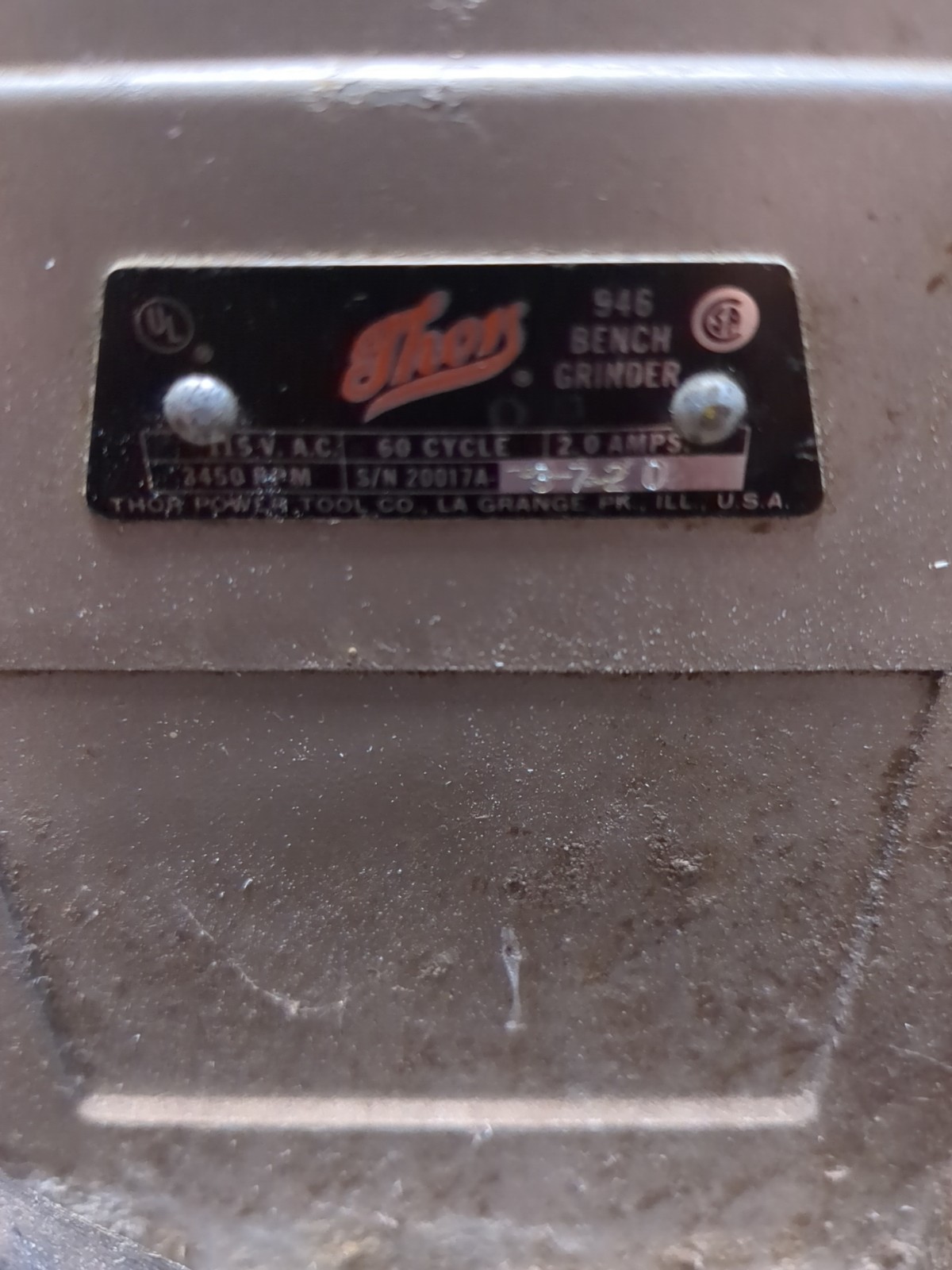 Thor vintage bench grinder. 115 V.A.C., 60 cycle, 2.0 Amps, 3450 R.P.M., 