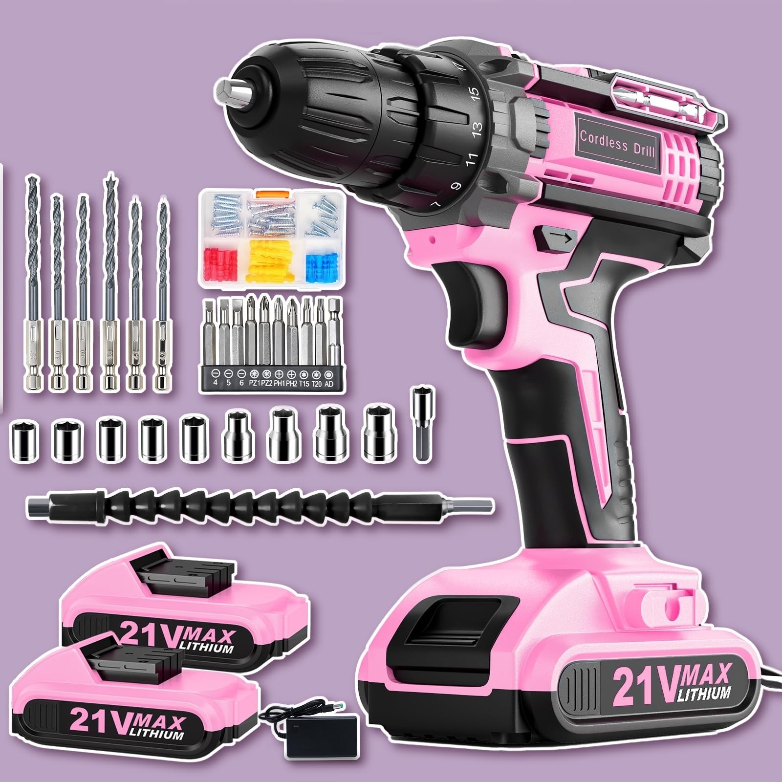 KELNOW 21V Cordless Drill 2 Batteries Charger 3/8in 90pc DIY Tool Set