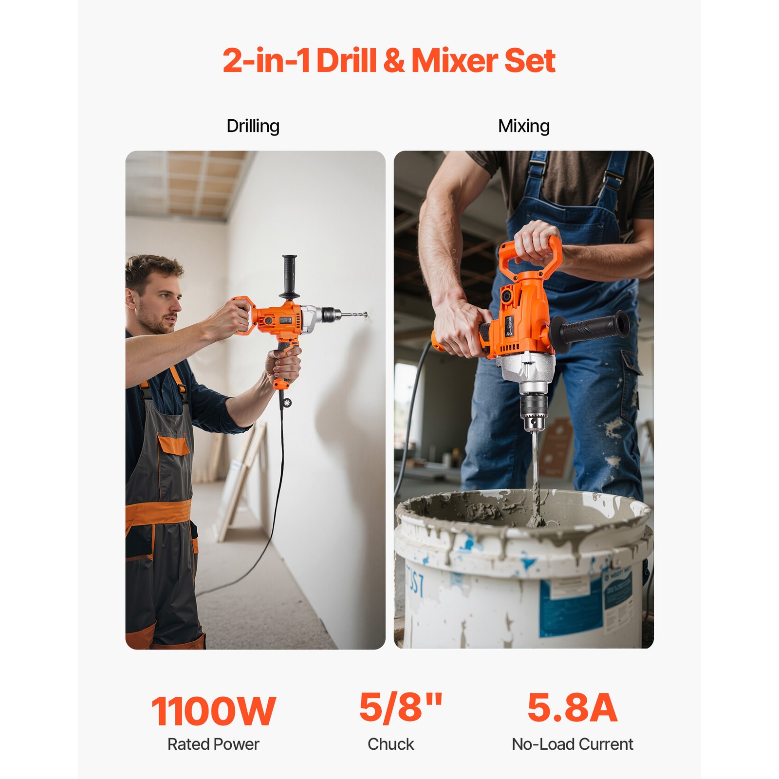 Uimoso 1100W Electric Drill Mixer Concrete Mortar & Mud with Adjustable Speed