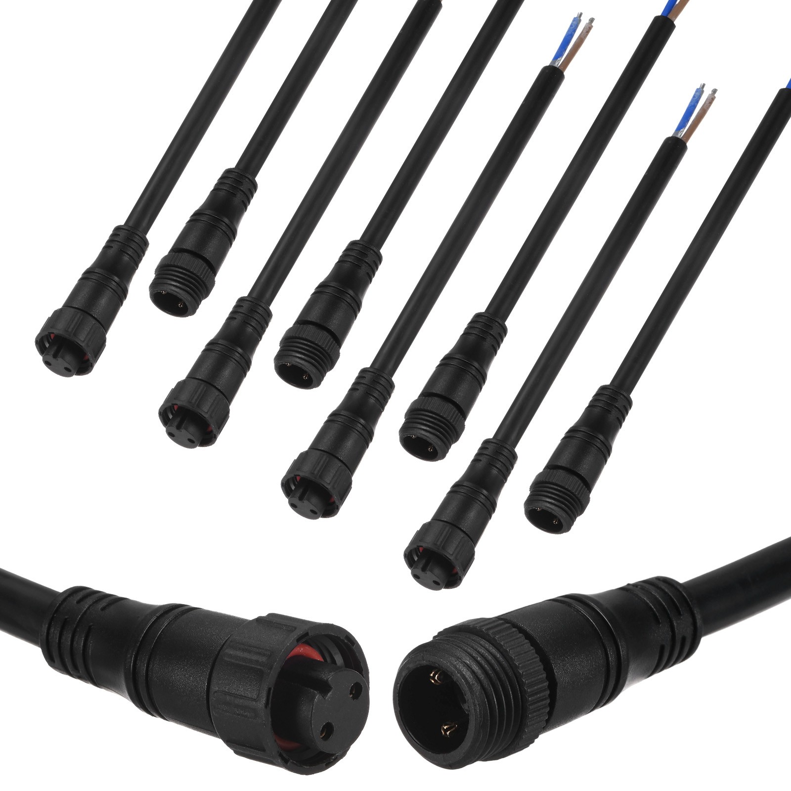 5-Set Waterproof Connector, 2 Pin Cable 20cm 16AWG for LED Lights [Black]
