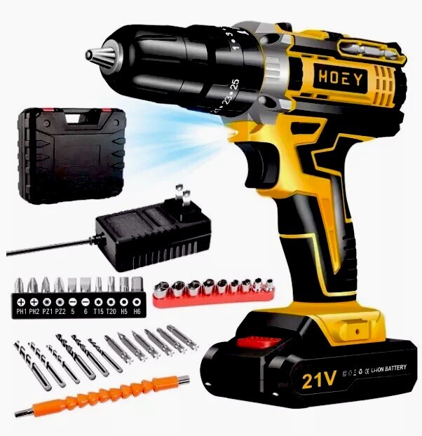 21V Cordless Drill Set, 34-Piece, 3/8&Prime; Chuck, 45Nm Torque, 2-Speed, Work Light