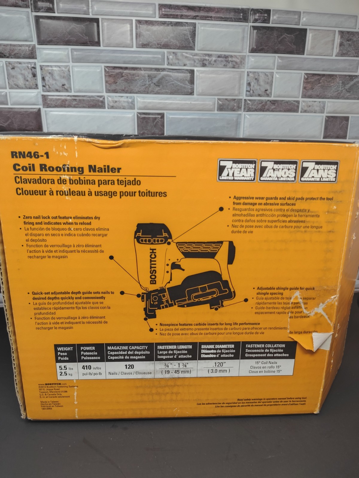 Bostitch RN46-1 Coil Roofing Nailer 15° Pneumatic 3/4-1 3/4in Worn Open Box