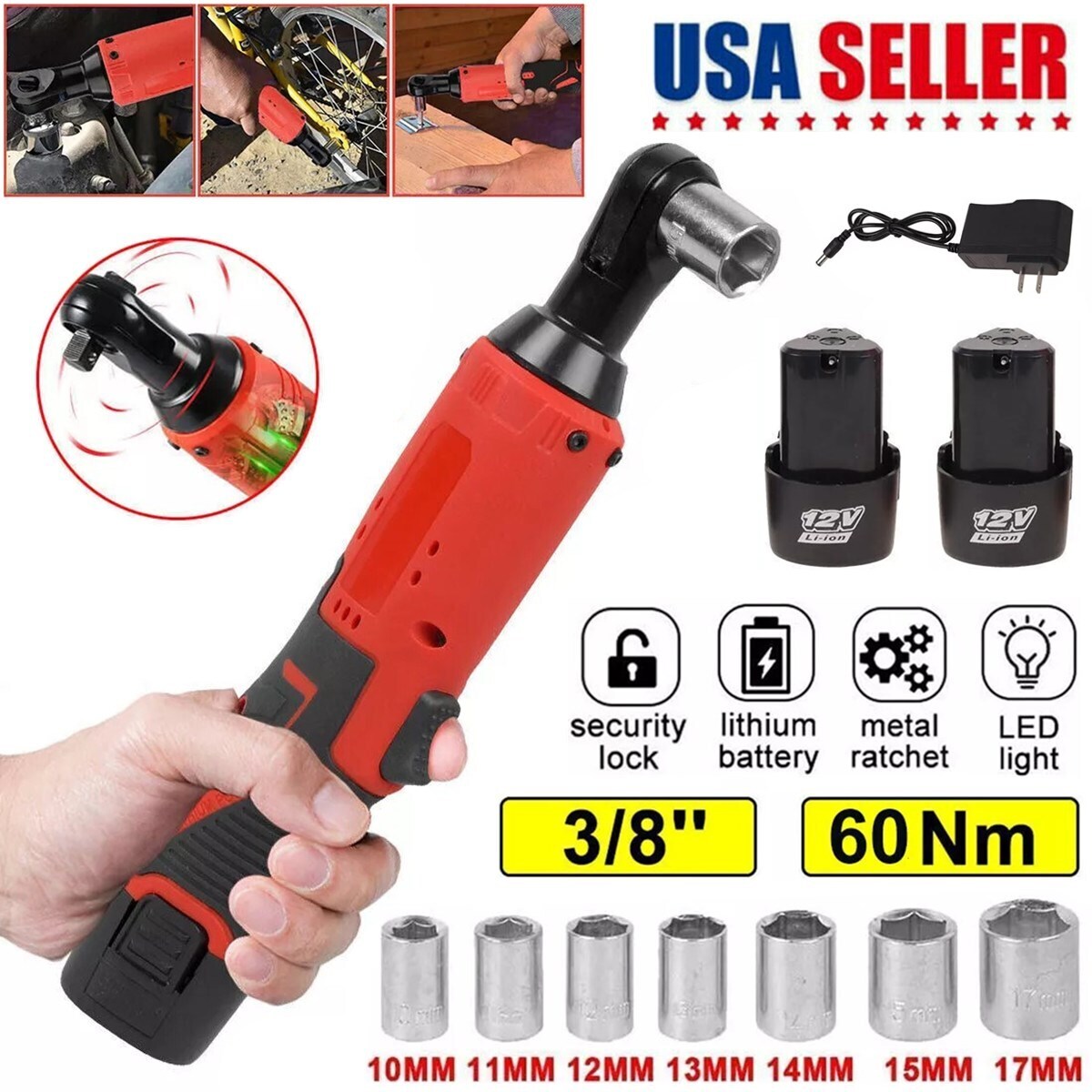 12V 3/8&Prime;&1/4&Prime; Electric Cordless Ratchet Wrench,45 ft-lbs w/ 7 Sockets 2 Battery