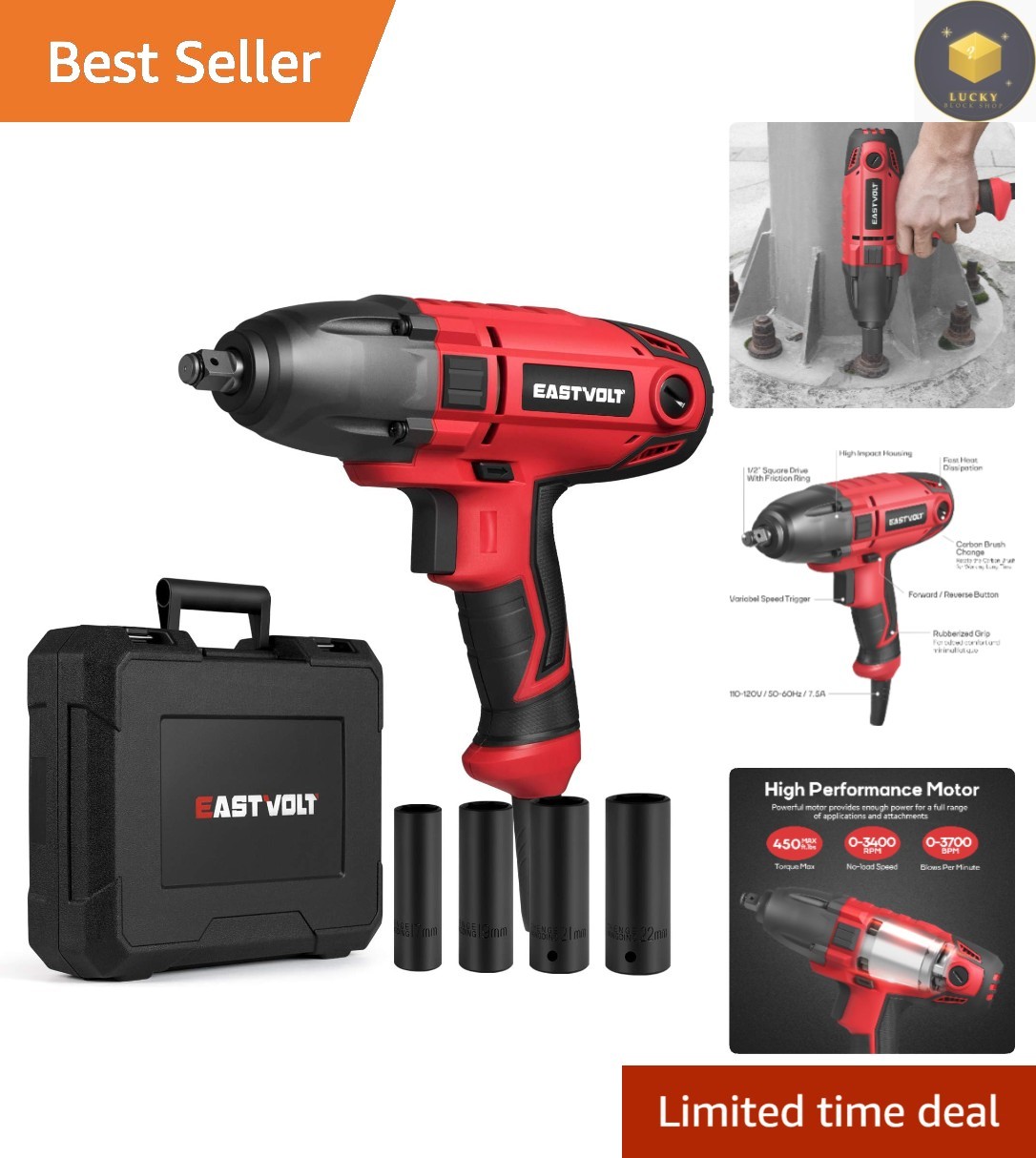 800W Electric Impact Wrench, 450 Ft-lbs Torque, 3400 RPM – Heavy Duty Power Tool