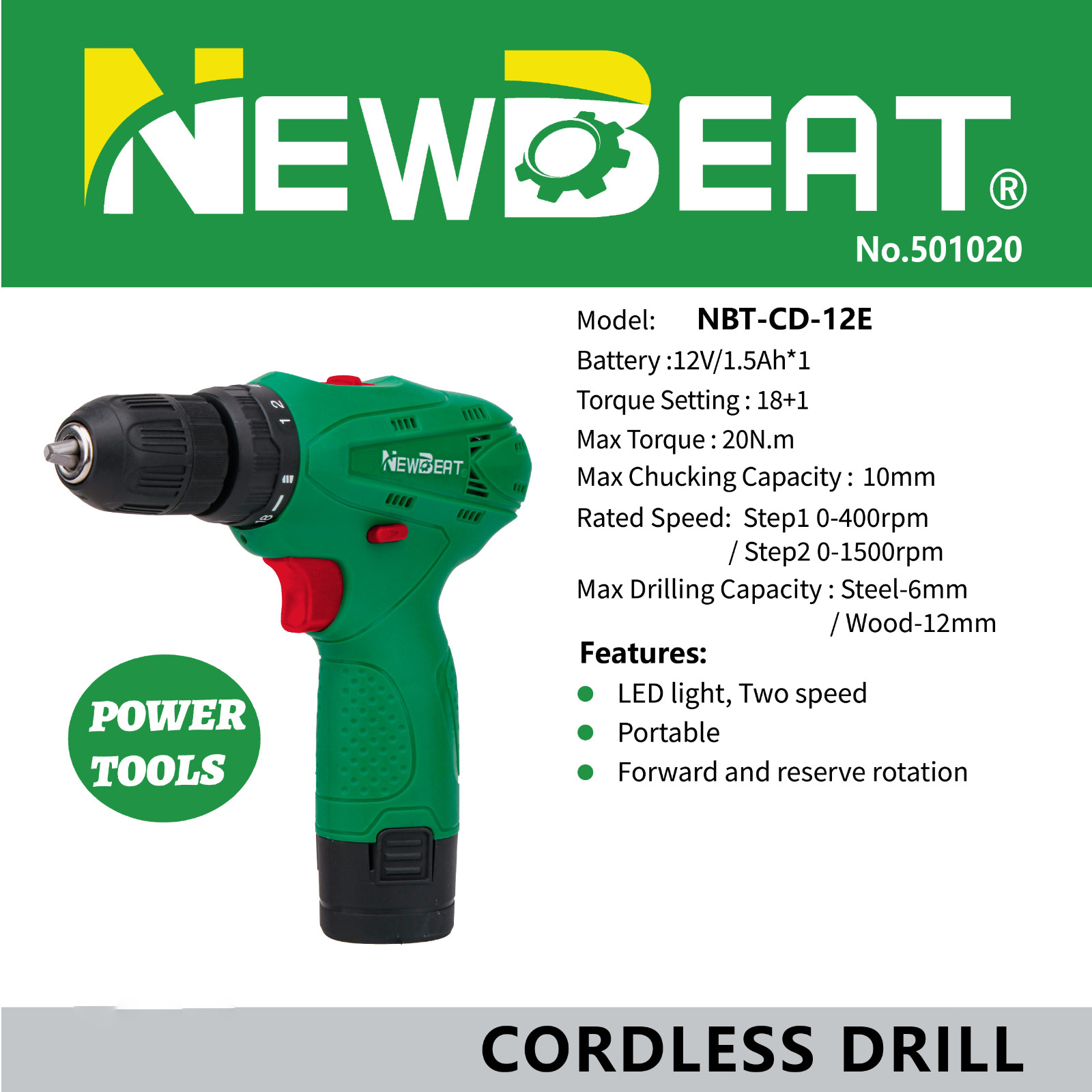 High Torque Cordless Drill Set 12V Electric Screwdriver 2 Speed 0-1500RPM