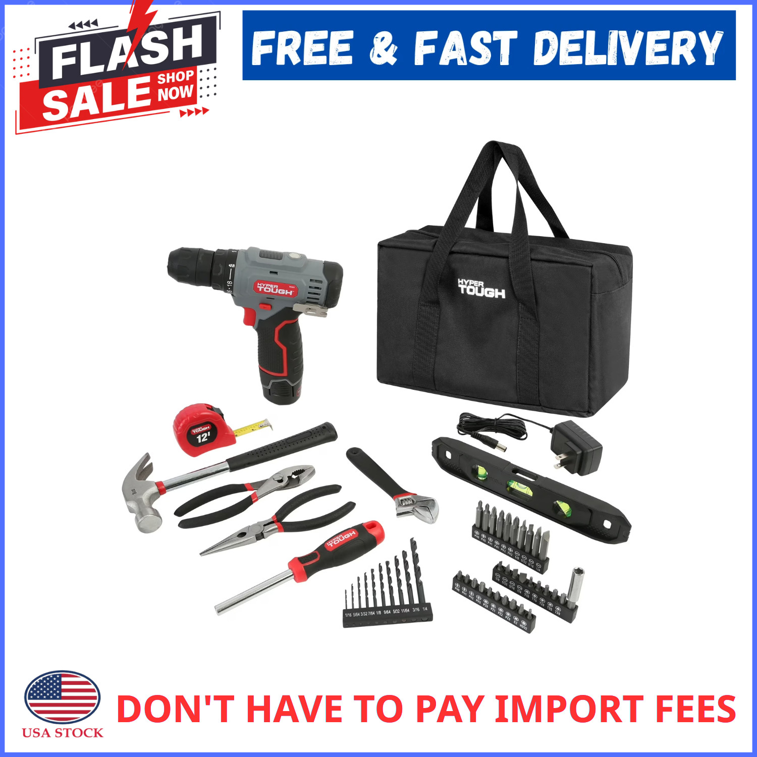 Hyper Tough 12V Max Cordless 3/8 Drill Driver 50-Piece Kit 1.5Ah Battery Bag