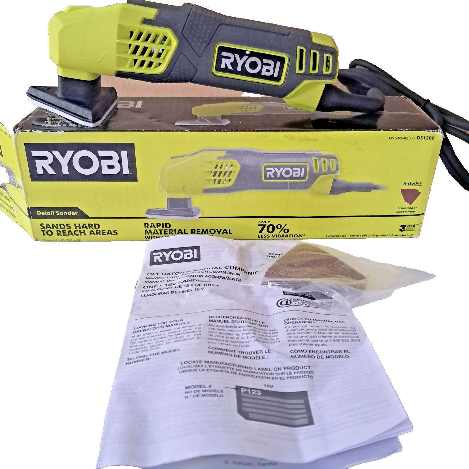 RYOBI Detail Sander 942-423 DS1200 Corded Tool Triangular Head Sandpaper Manual