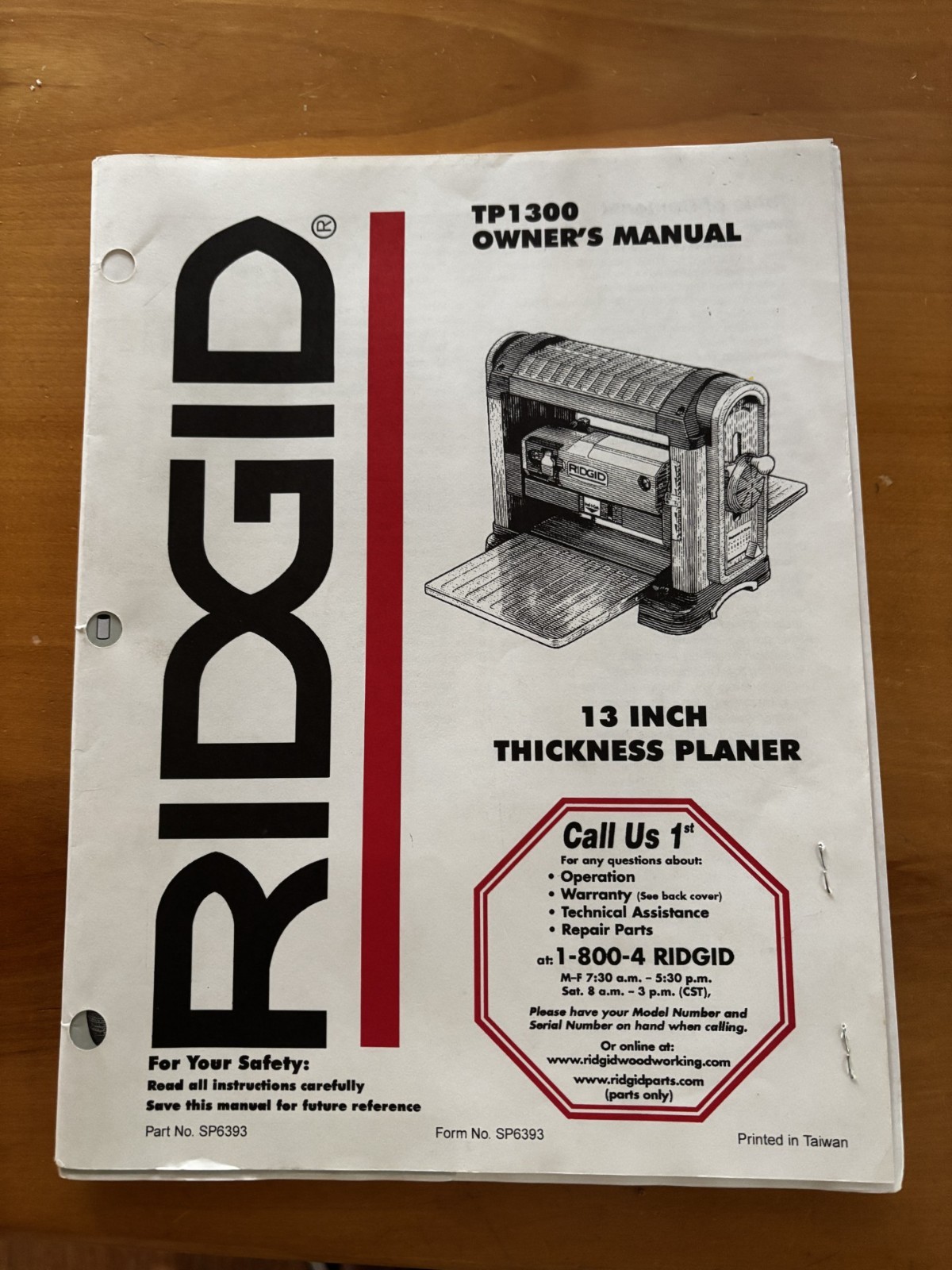 Ridgid TP1300 Planer Manual and Select Parts
