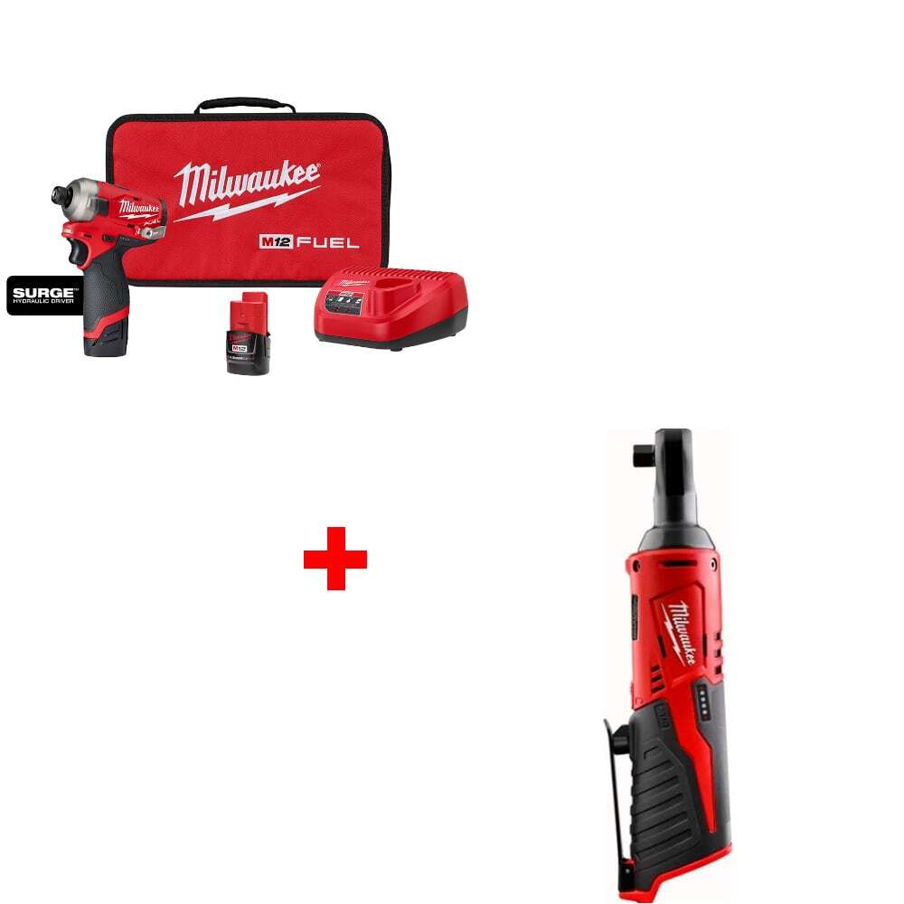 Milwaukee 2551-22 M12 1/4&Prime; Hex Hydraulic Driver Kit w/ FREE 2457-20 3/8&Prime; Ratchet