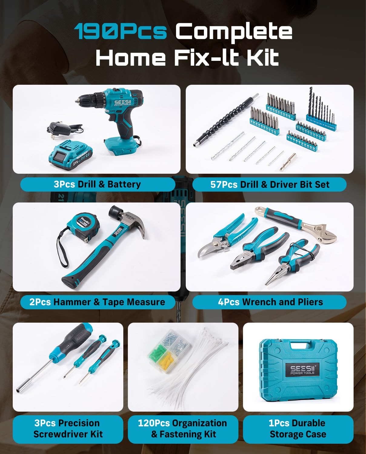Seesii 21V Power Drill Set, 190Pcs Tool Kit with Toolbox for Home DIY Blue