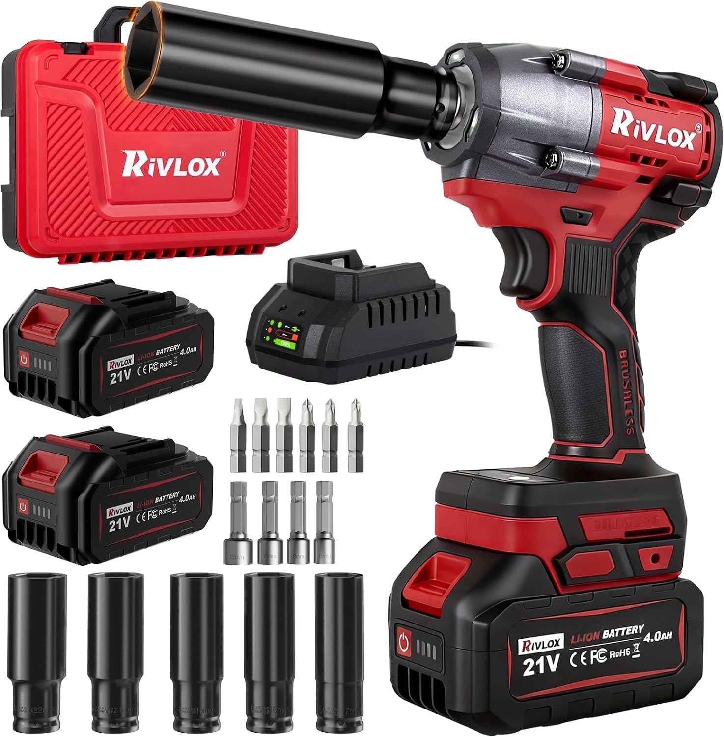 Cordless Impact Wrench1/2 Inch, 600N. M/450Ft-lbs Power Gun Kit, Red