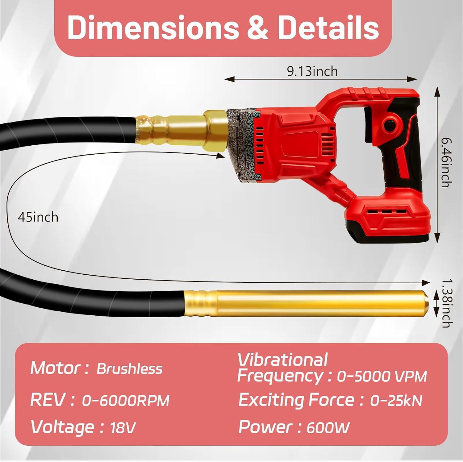 Handheld Concrete Vibrating Tool Compatible with Milwaukee 18V Battery (Tool Onl