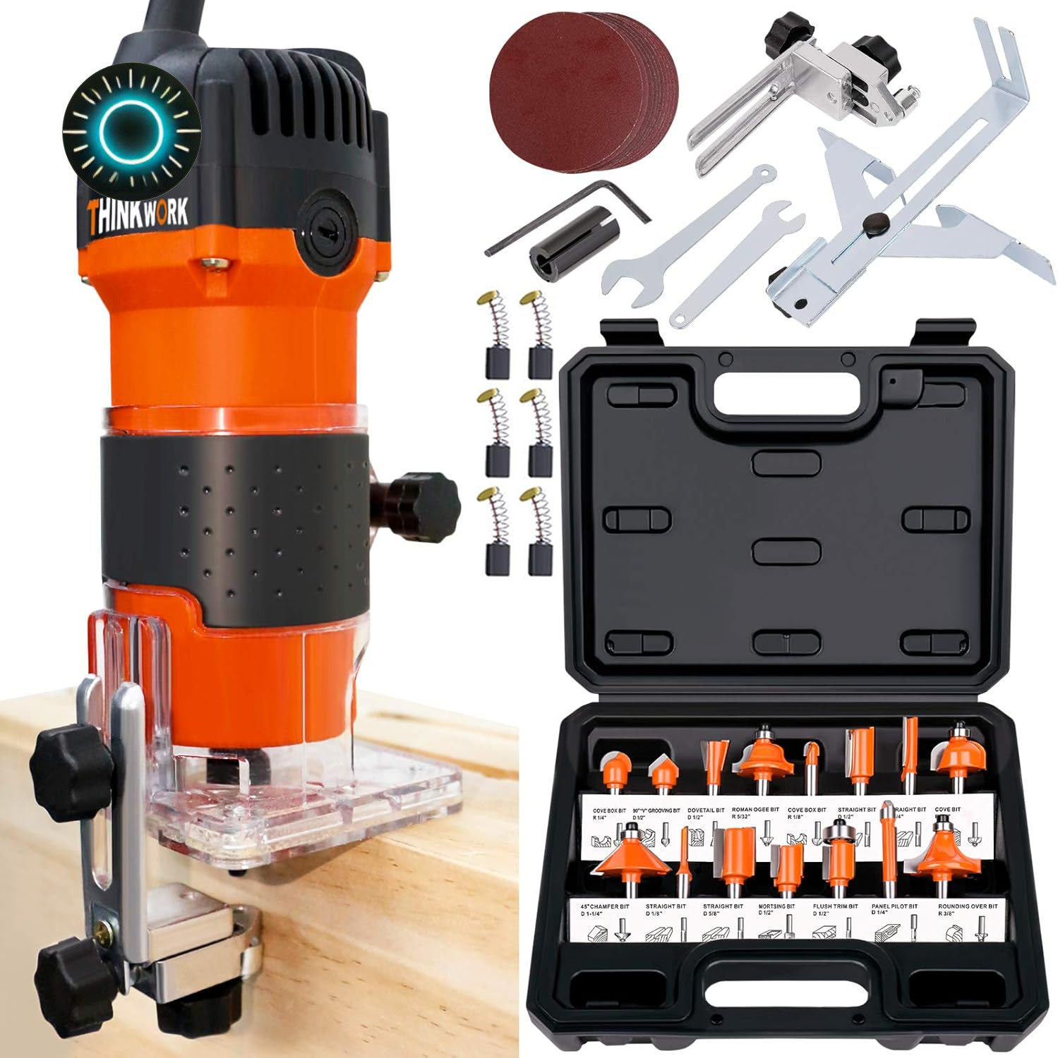 THINKWORK Compact Router 6.5-Amp 1.25 HP Compact Wood Palm Router Wood Trimmer