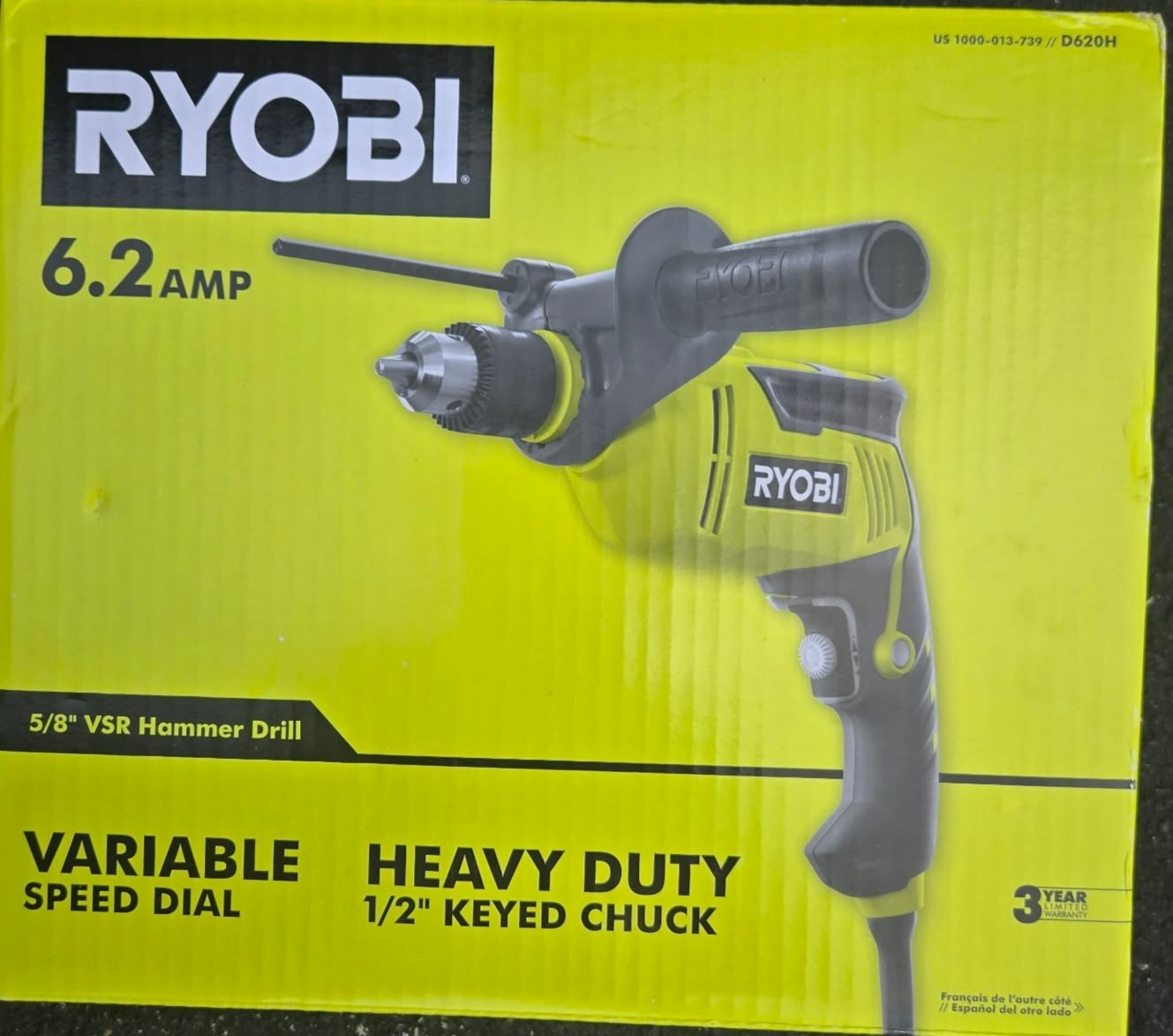 Ryobi D620H 6.2 Amp Corded Variable Speed Hammer Drill, 5/8 In. NEW