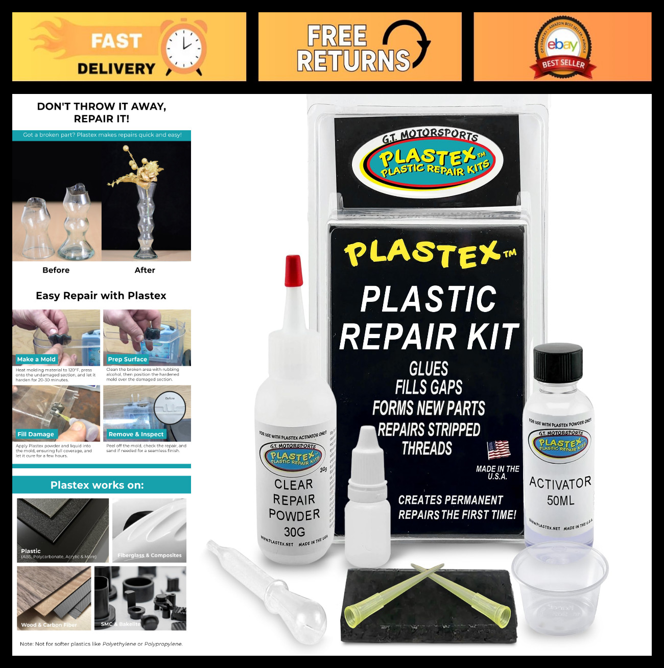 Plastic Repair Kit – Glue & Fix Broken Plastic, Fiberglass, Wood – Easy to Use!