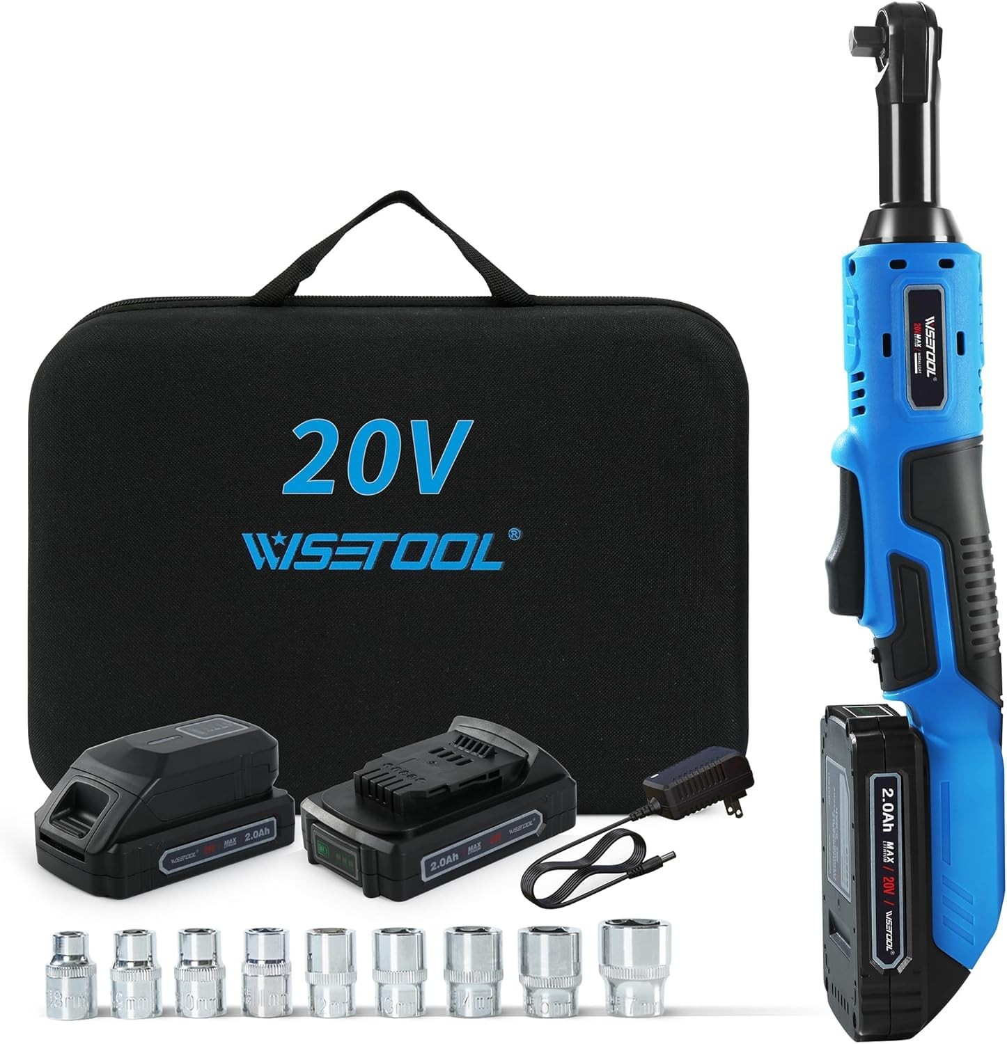 20V 3/8 Inch Extended Cordless Ratchet Wrench w/ 2-Pack 2.0 Ah Batteries,60 N·m