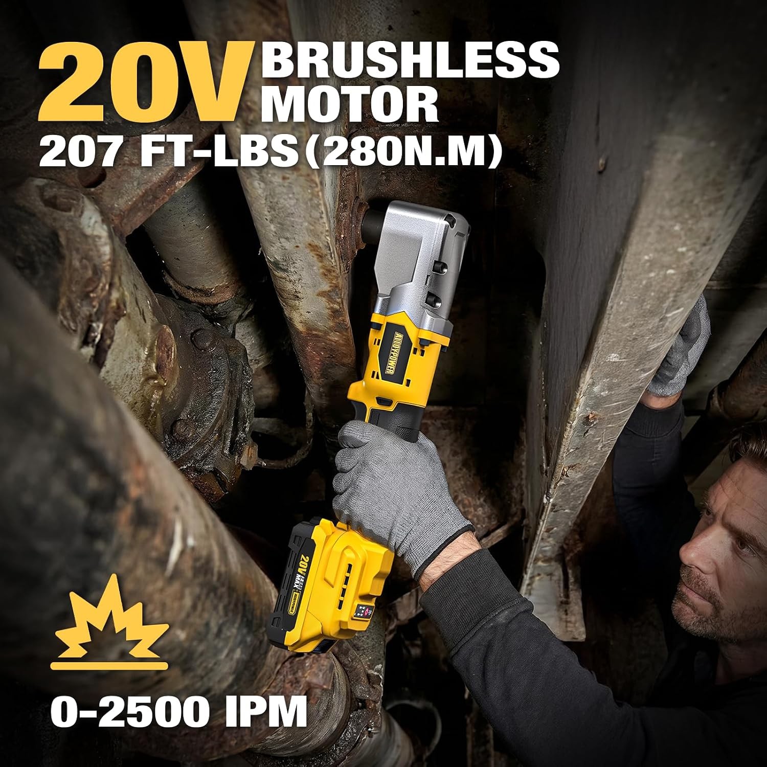20V Brushless Right Angle Wrench, 1/2&Prime; Cordless Ratchet with 207 Ft-lbs(280N.m),