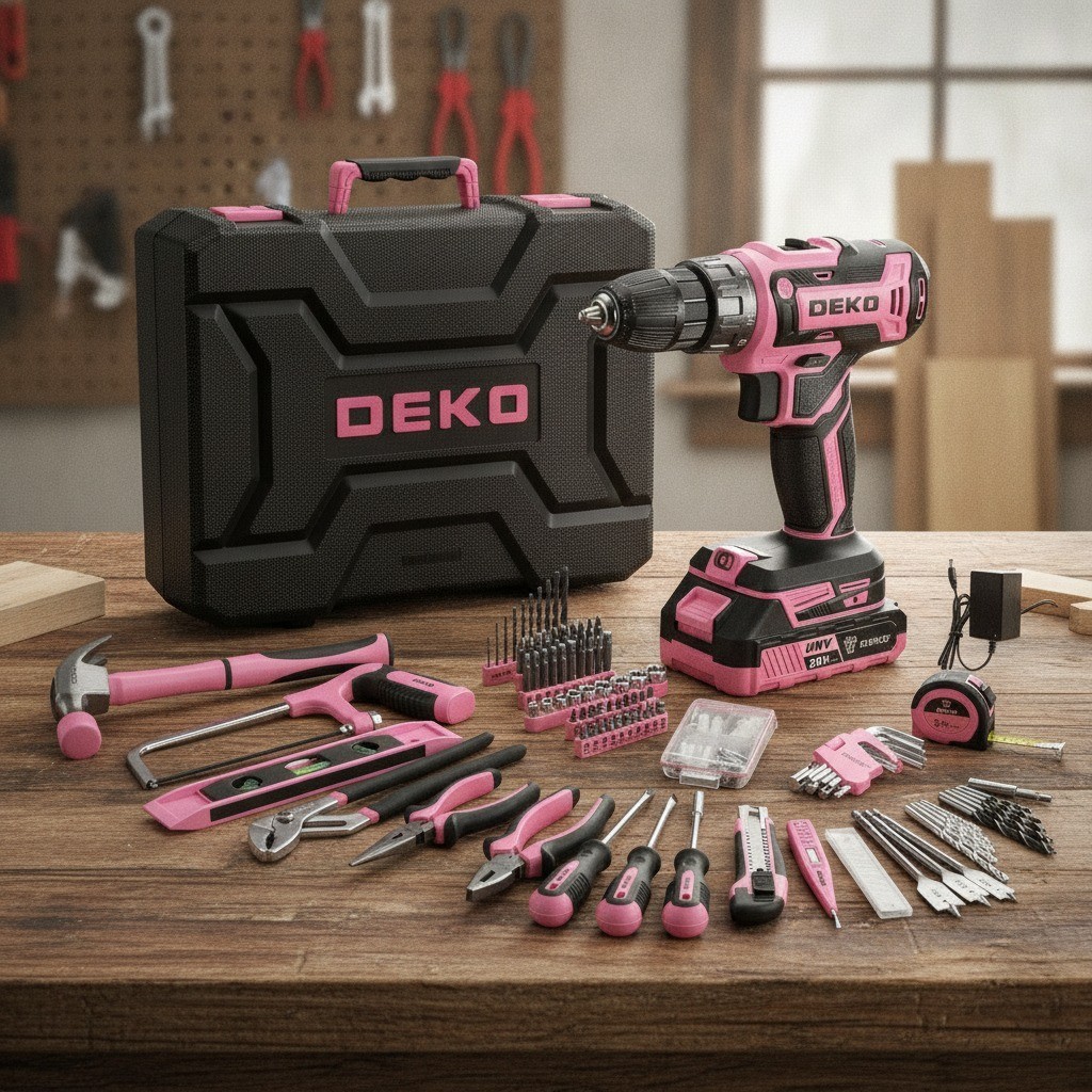 Pink Cordless Drill Tool Kit Set, 20V, Battery, Tool Box, 1350 RPM