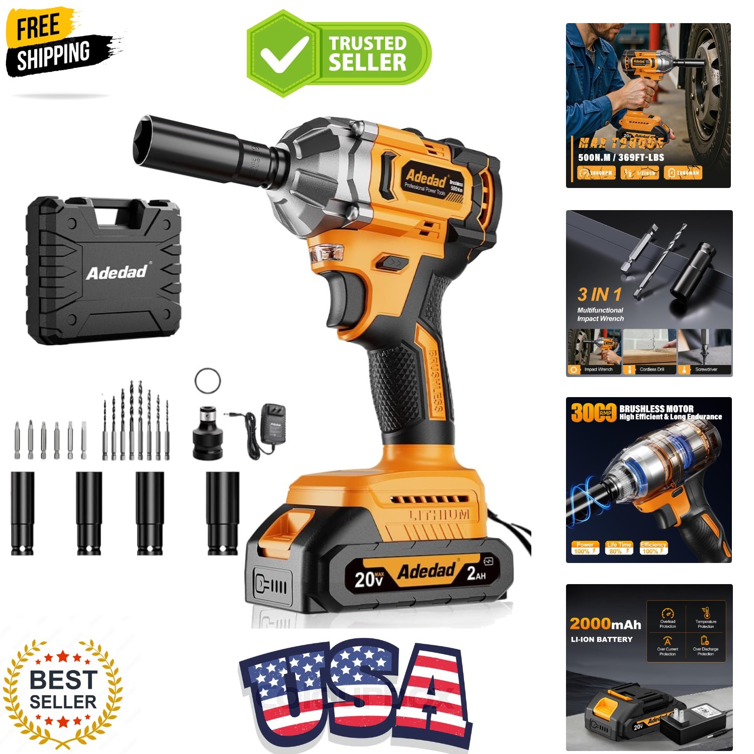 Brushless Impact Wrench 3-in-1 500N.m369Ft-lbs Torque Wrench 1/2 Drive with 2…