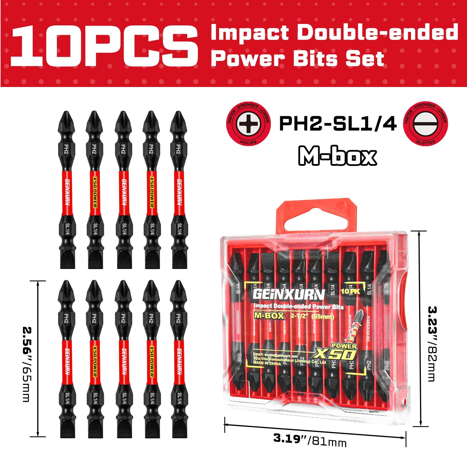 Geinxurn 10Pcs SL1/4-PH2 Impact Double End Screwdriver Bit Set, 2.56 in. Red