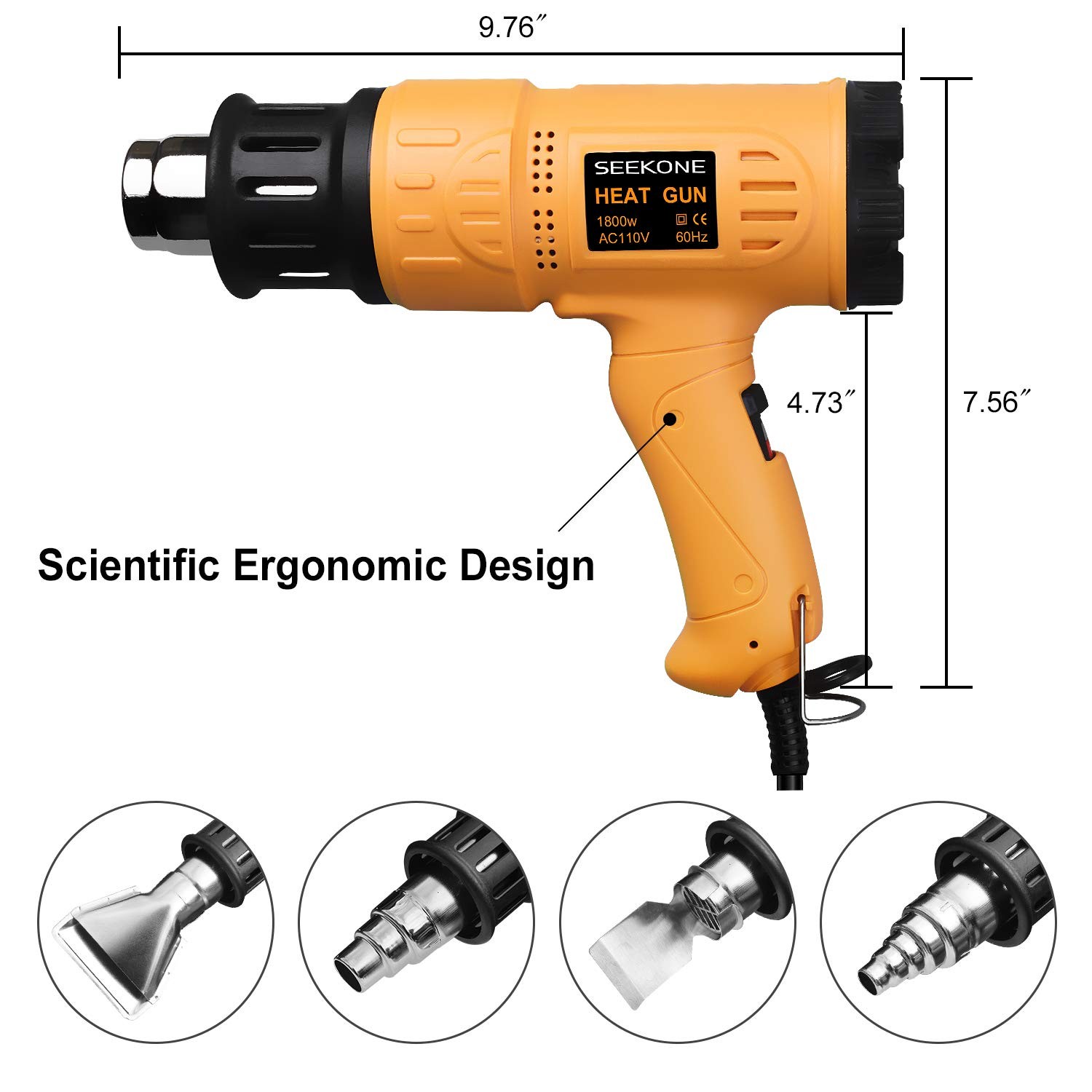 SEEKONE 1800W Heat Gun Variable Temp 122℉-1202℉ for Crafts, Shrink Wrap Yellow