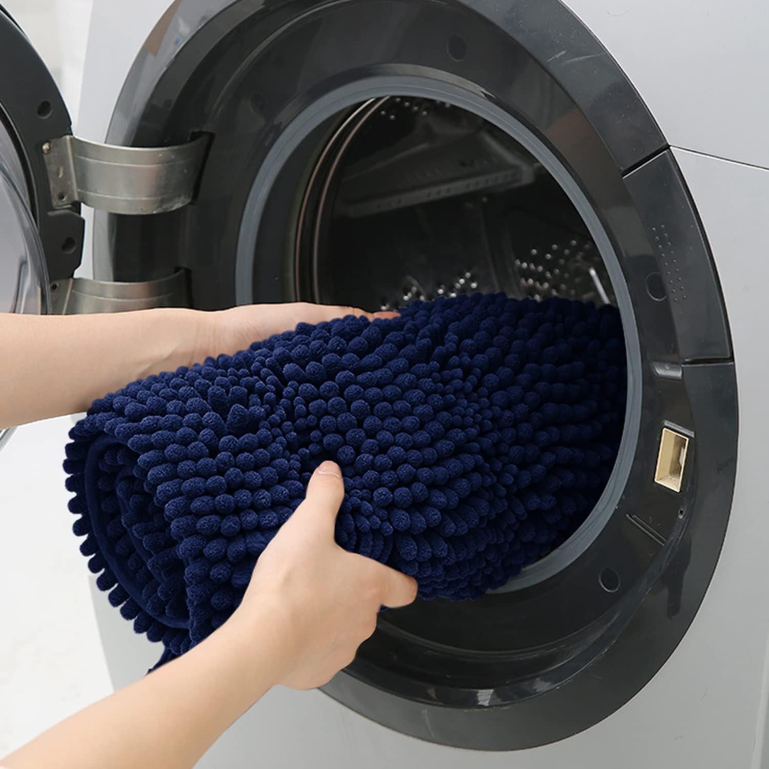 Striped Navy Blue Bathroom Rug Set 3 Pieces Ultra Soft, Non Slip Chenille Toilet